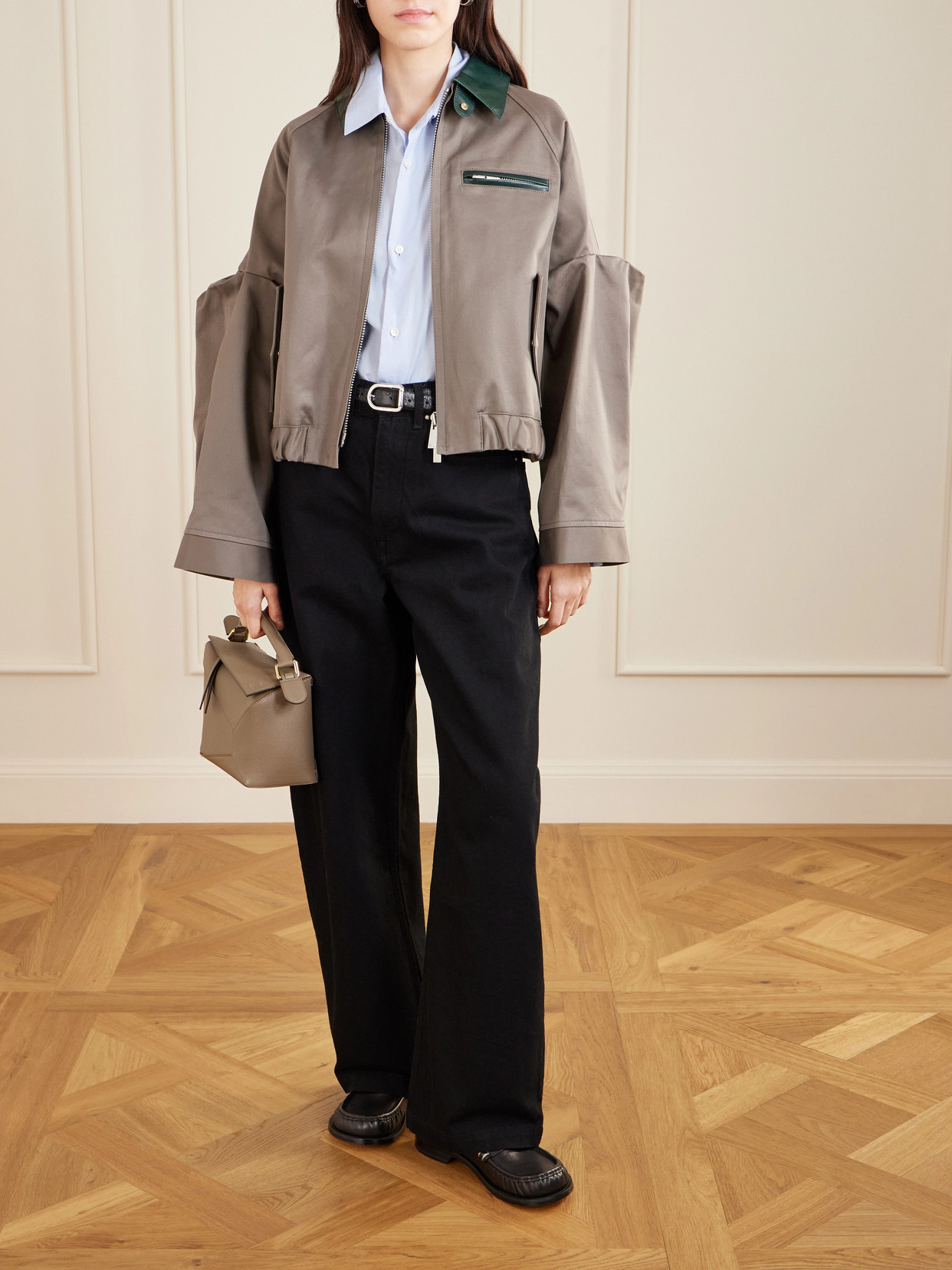 Pleated Leather-Trimmed Cotton-Twill Jacket