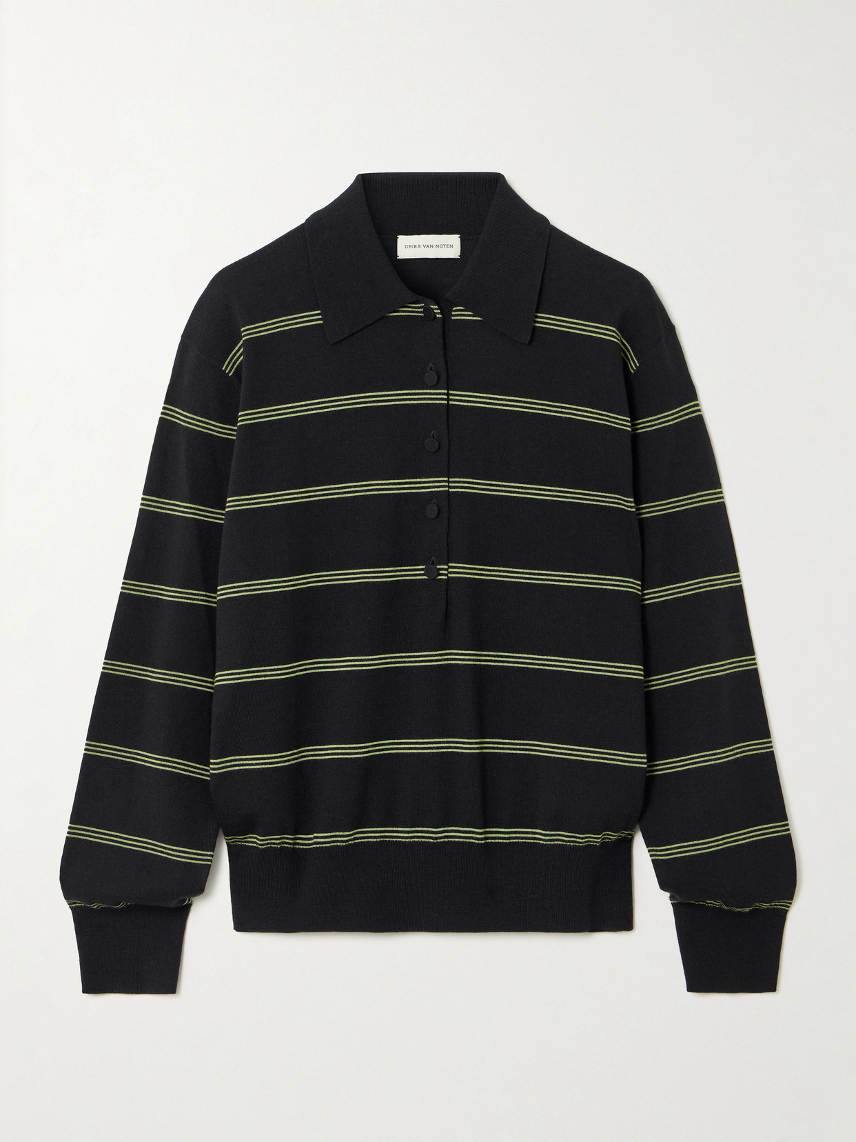 Dries Van Noten Striped Merino Wool Polo Shirt In Black