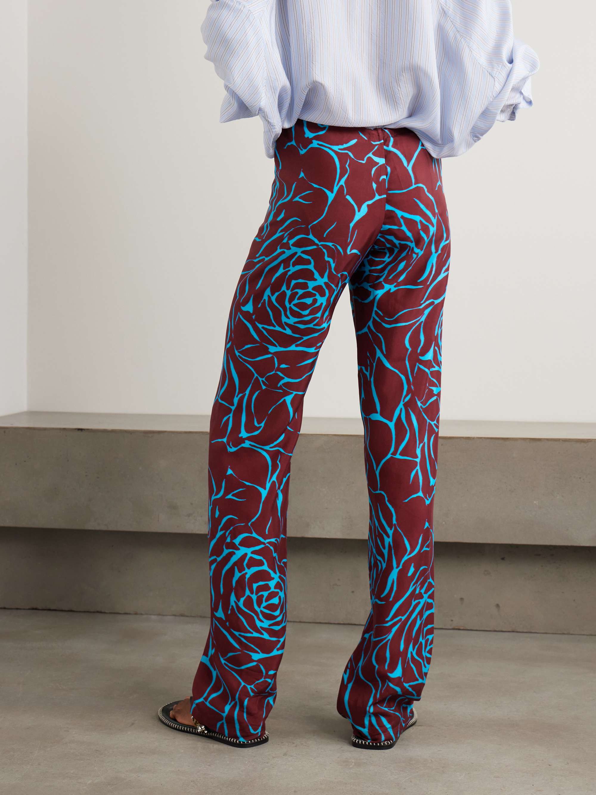 Burgundy Floral-print crepe straight-leg pants | DRIES VAN NOTEN