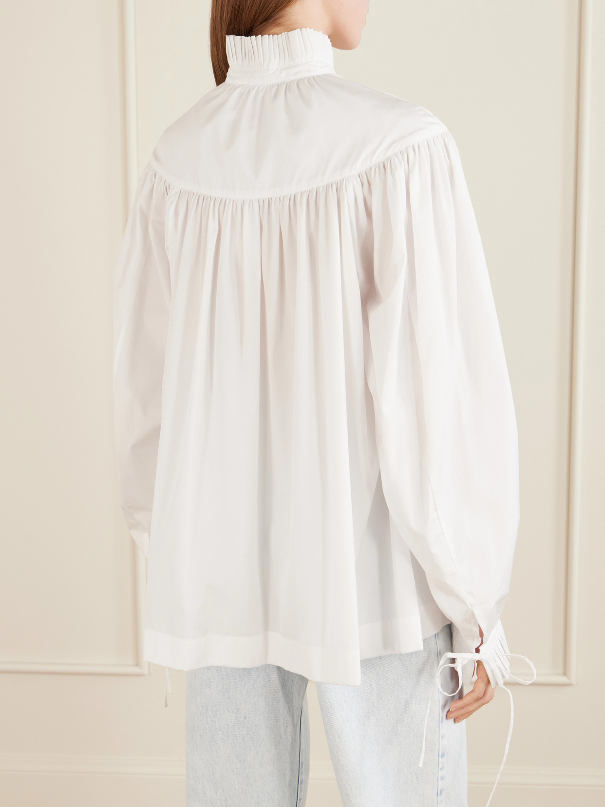 Tie-Detailed Ruffled Gathered Cotton-Poplin Blouse