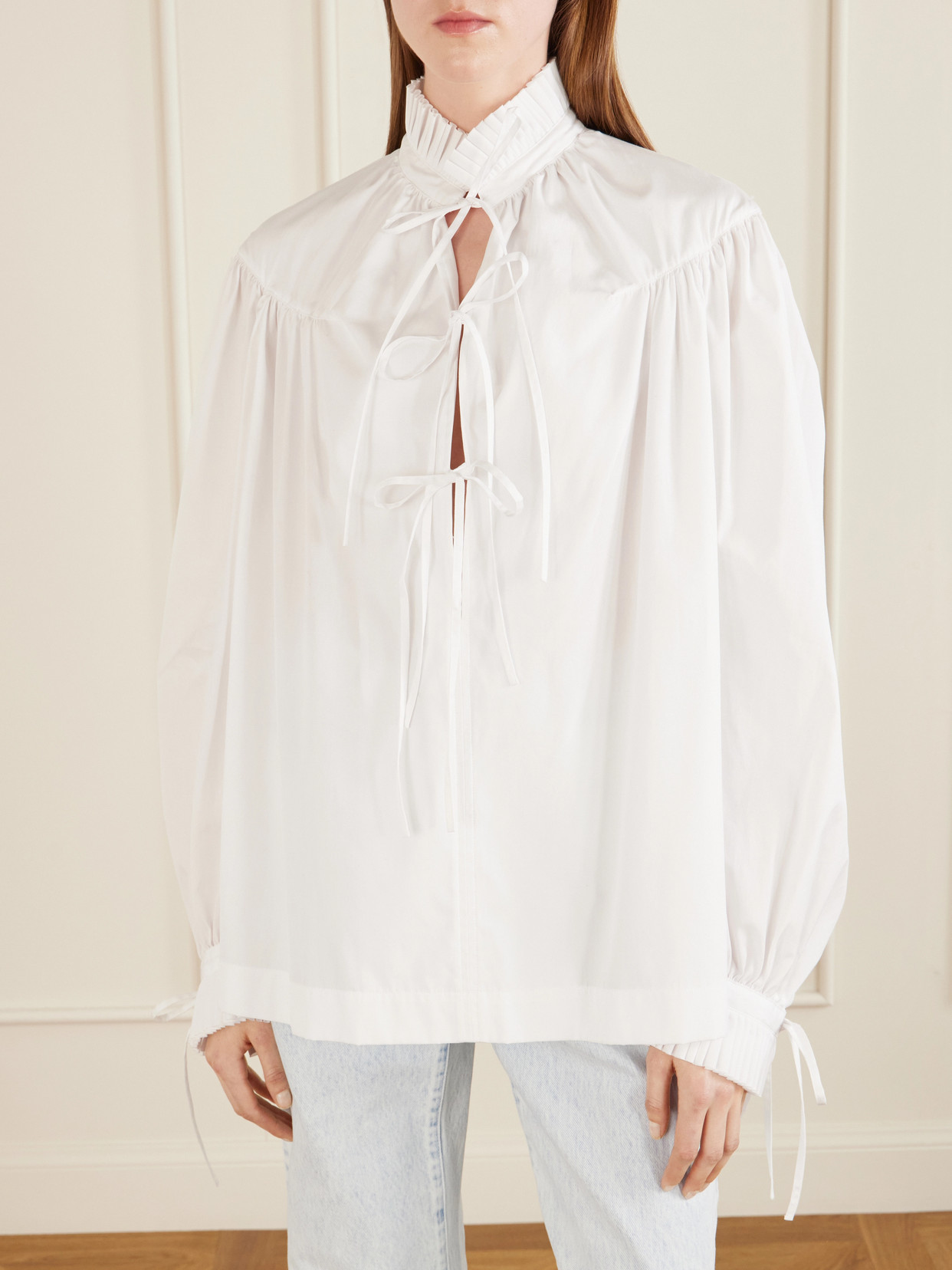 Tie-Detailed Ruffled Gathered Cotton-Poplin Blouse