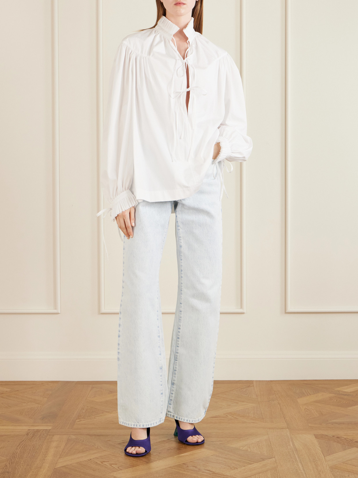 Tie-Detailed Ruffled Gathered Cotton-Poplin Blouse