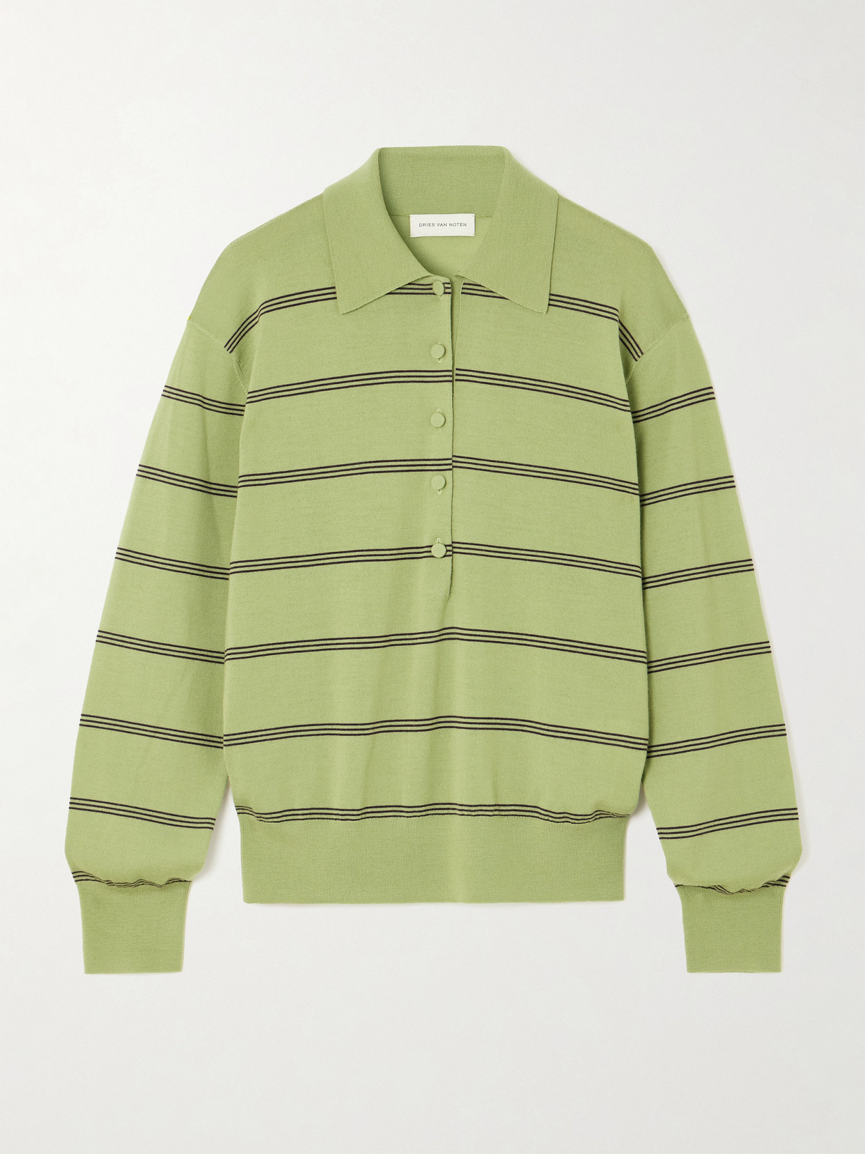 Dries Van Noten Striped Merino Wool Polo Shirt In Green