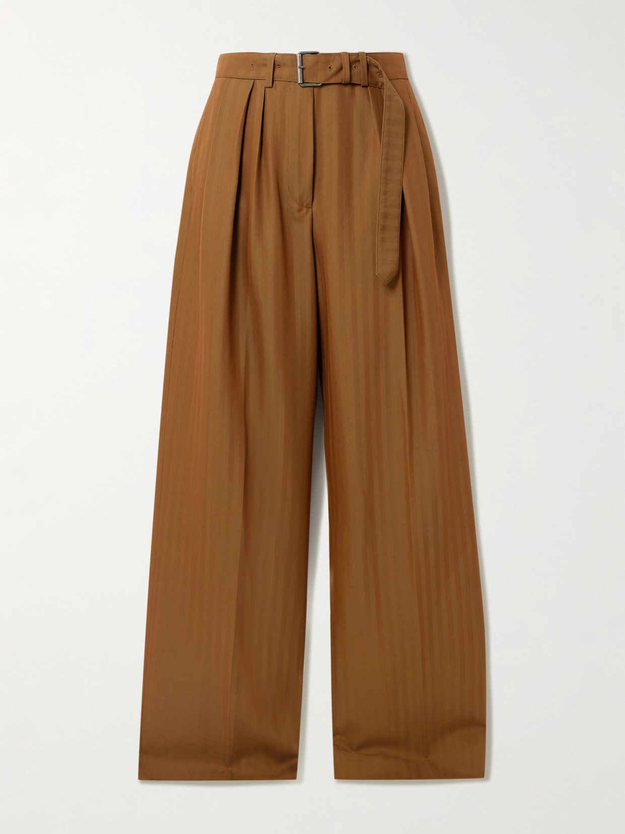 Dries Van Noten Belted Striped Wool-blend Wide-leg Pants In Brown