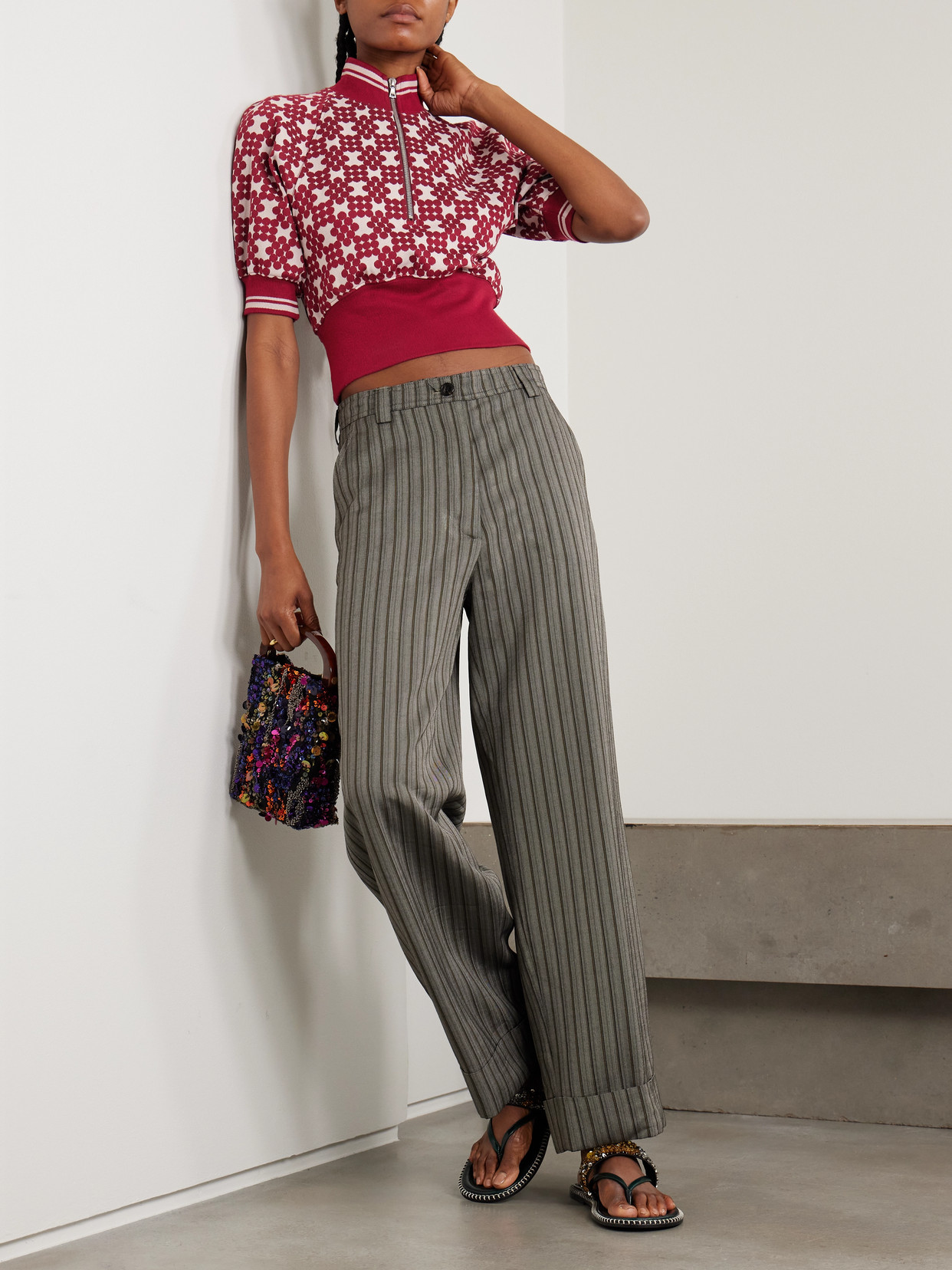Striped Jacquard-Knit Half-Zip Sweater