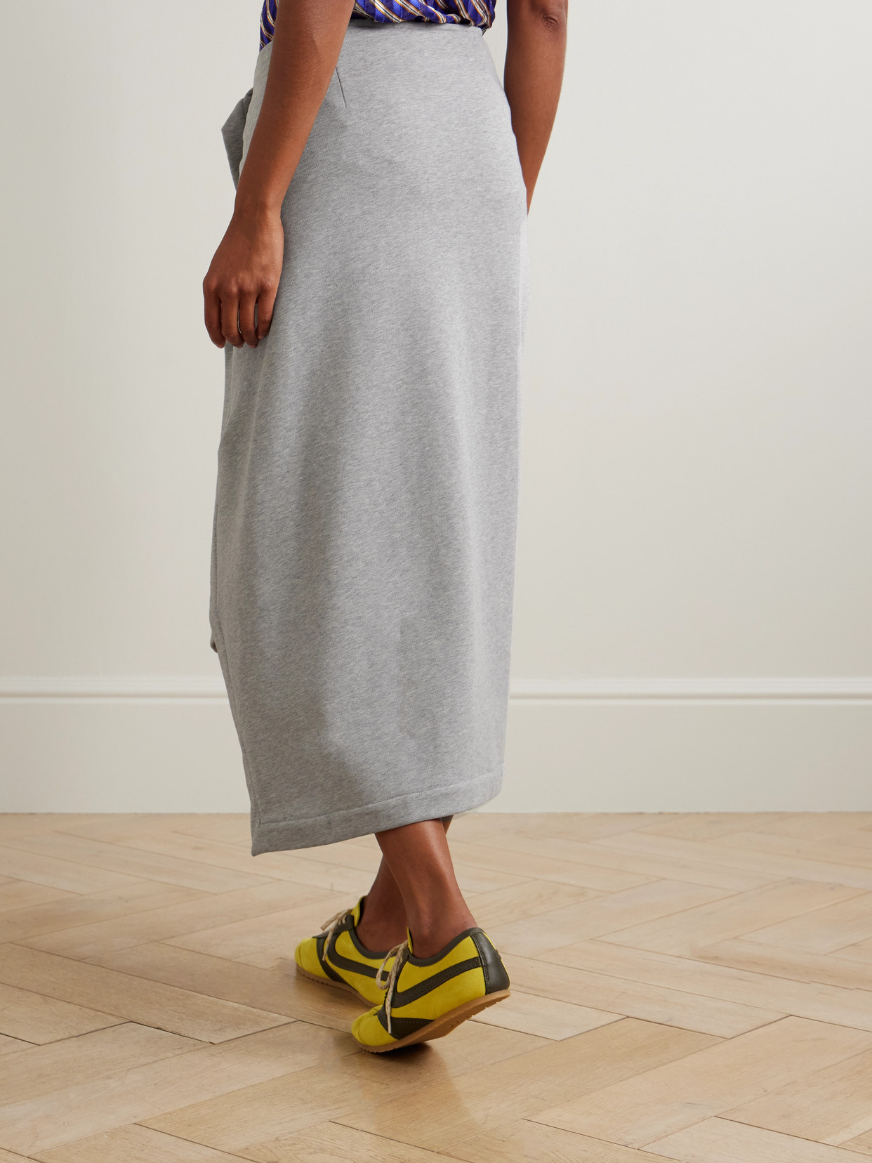 Gathered Ruffled Asymmetric Cotton-Jersey Midi