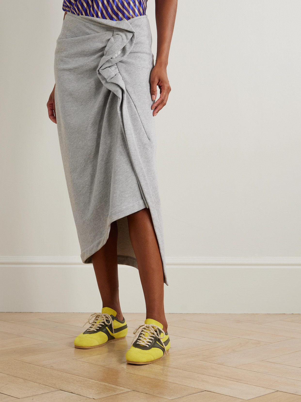 Gathered Ruffled Asymmetric Cotton-Jersey Midi