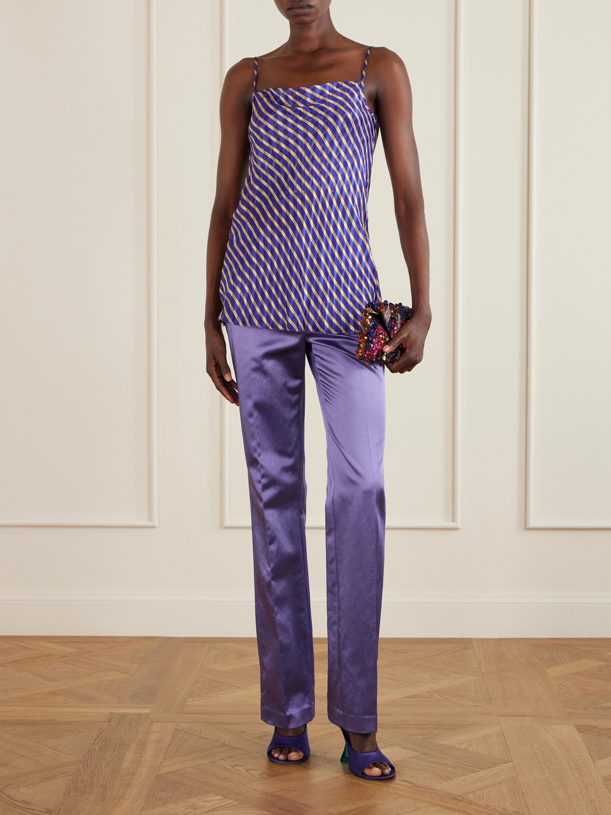 Draped Striped Devoré-Satin Camisole