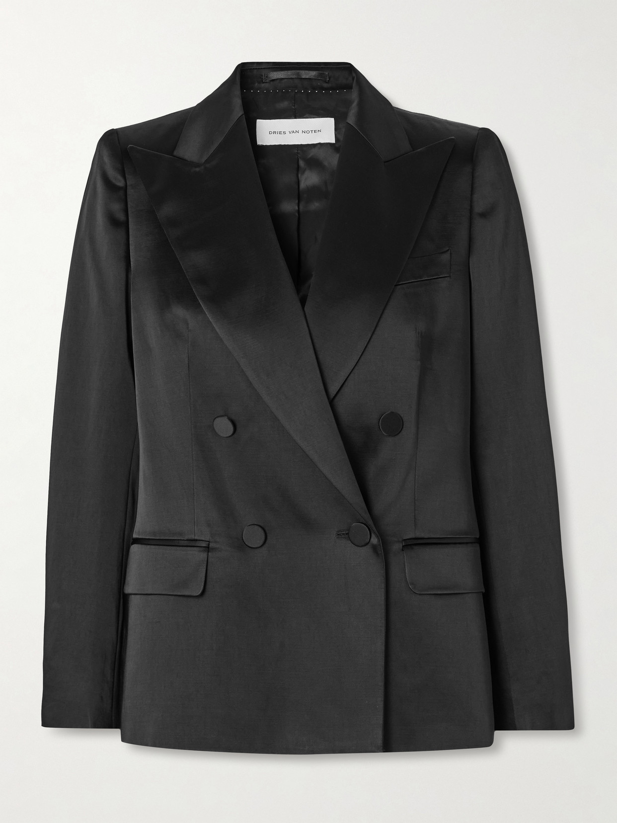 Dries Van Noten Double-breasted Washed Cotton-blend Satin Blazer In Black