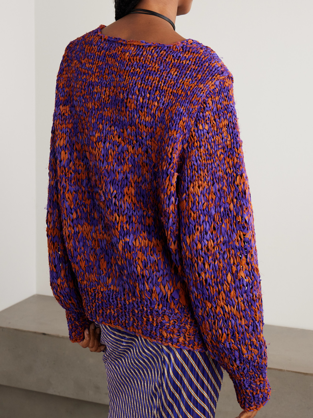 Oversized Frayed Printed Cotton Sweater