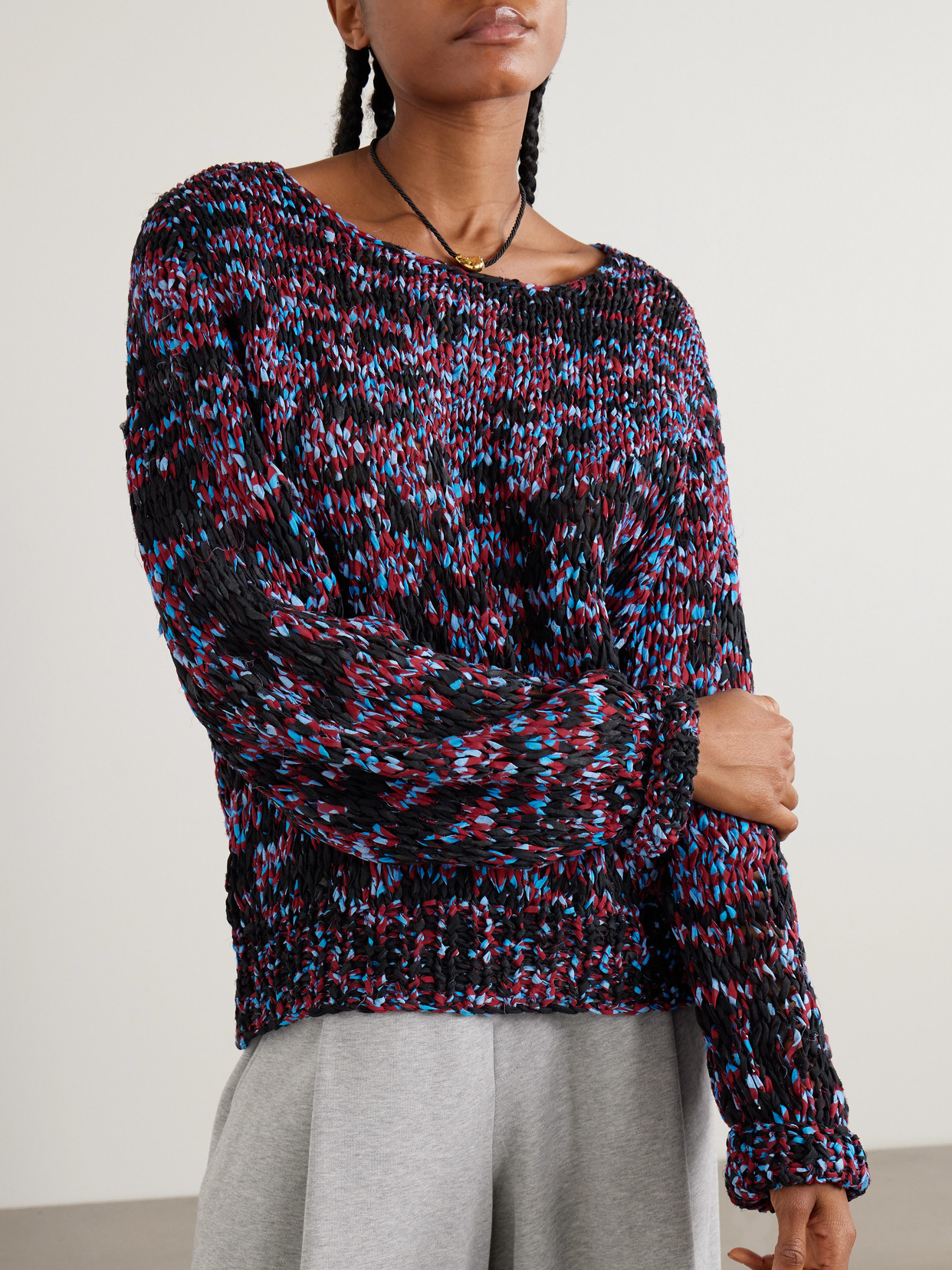 Oversized Frayed Printed Cotton Sweater