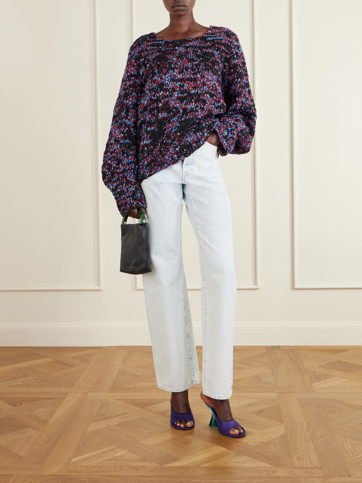 Oversized Frayed Printed Cotton Sweater