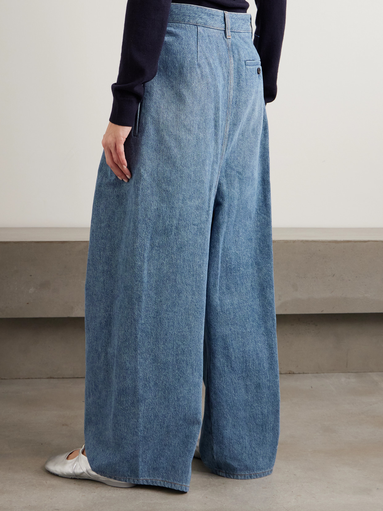 Loewe Leather-trimmed Draped Gathered High-rise Wide-leg Jeans In Blue