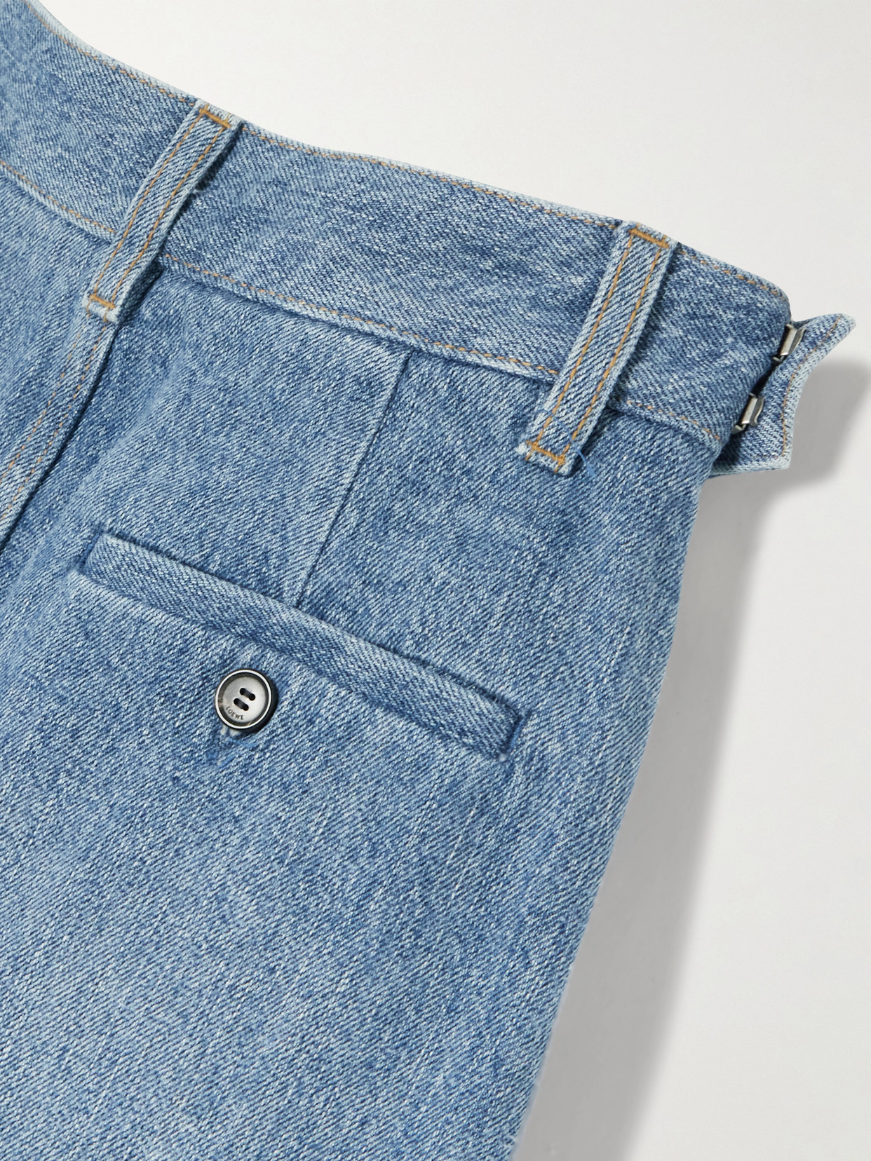 Loewe Leather-trimmed Draped Gathered High-rise Wide-leg Jeans In Blue