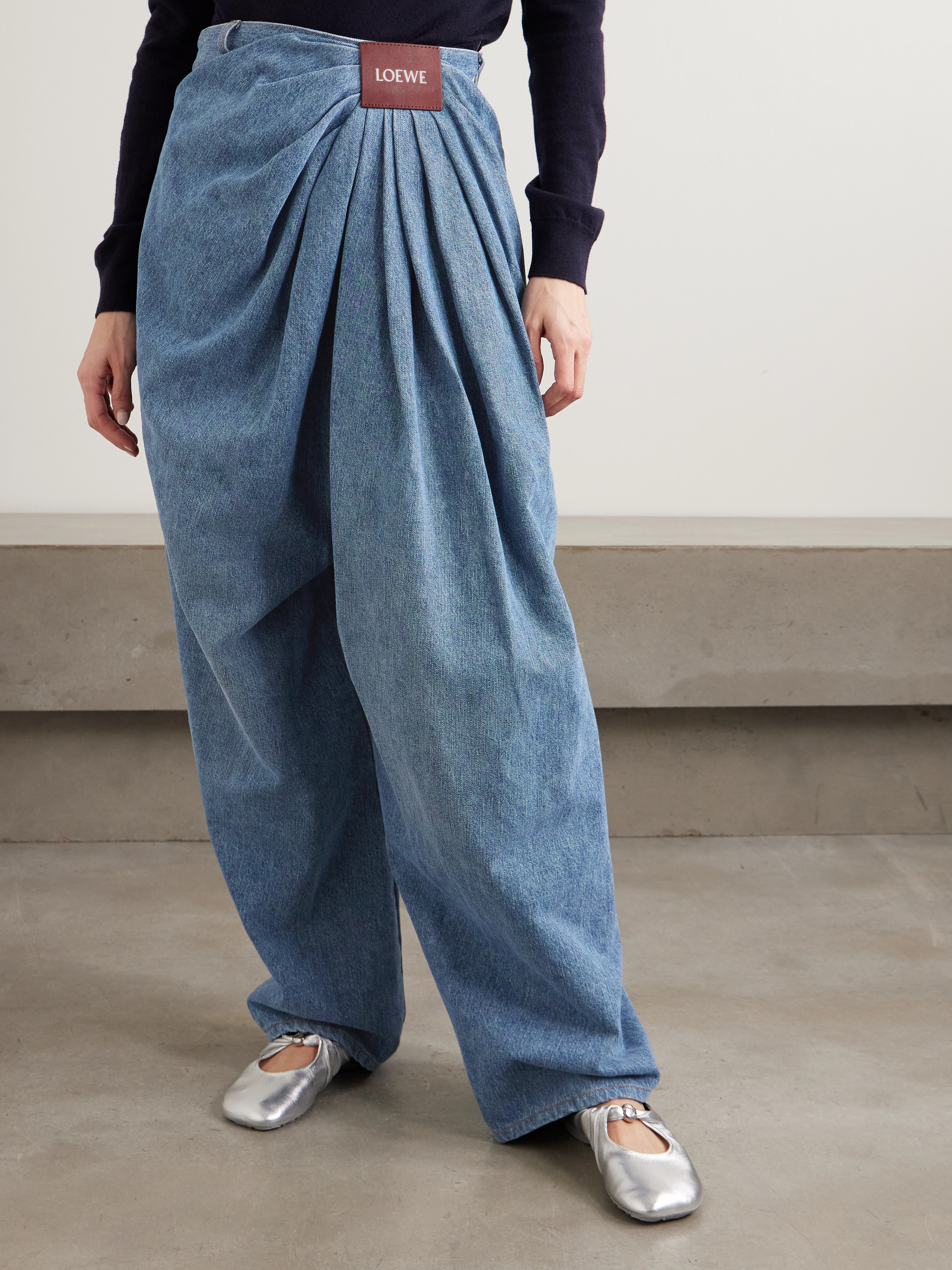 Loewe - Leather-trimmed draped gathered high-rise wide-leg jeans