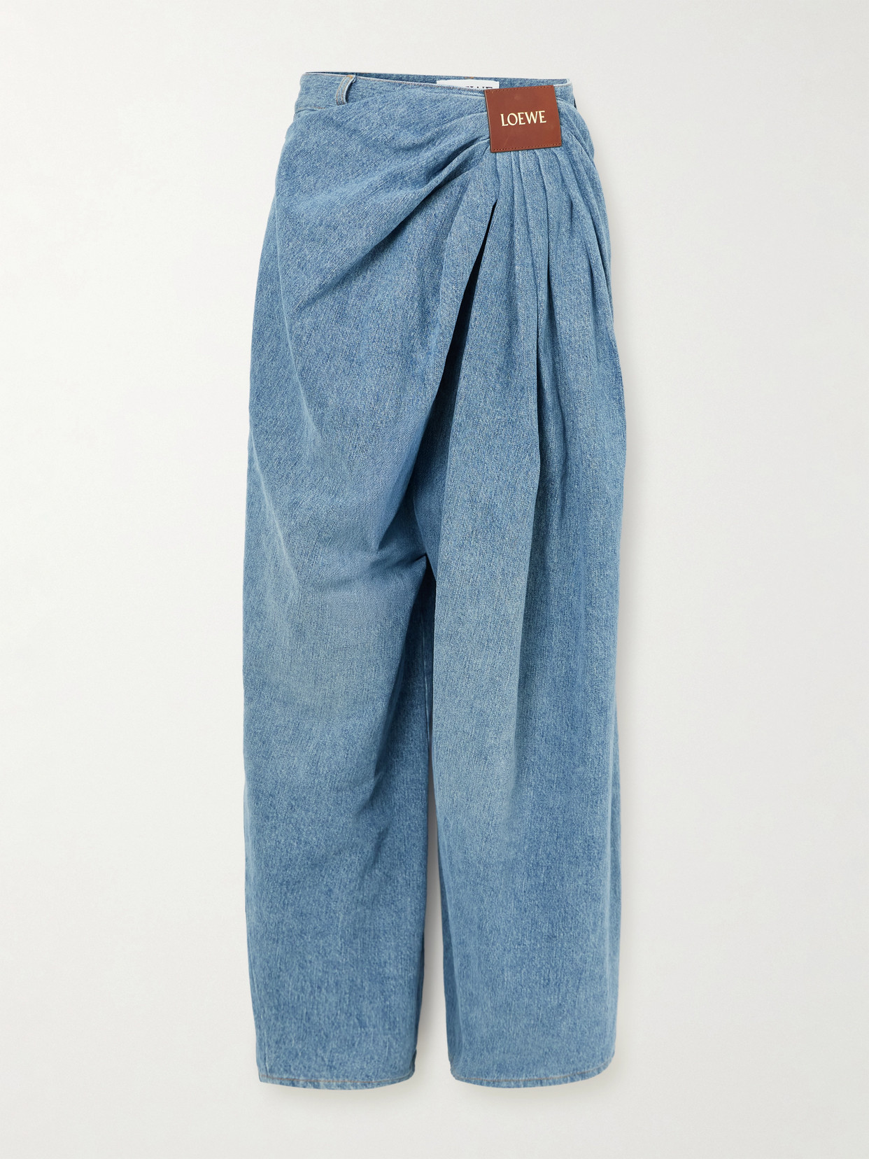 Loewe Leather-trimmed Draped Gathered High-rise Wide-leg Jeans In Blue