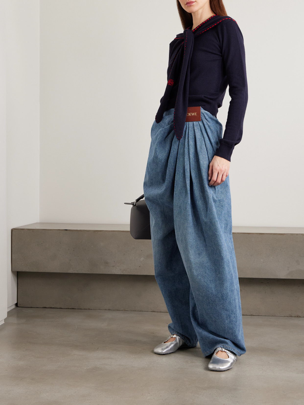 Loewe Leather-trimmed Draped Gathered High-rise Wide-leg Jeans In Blue