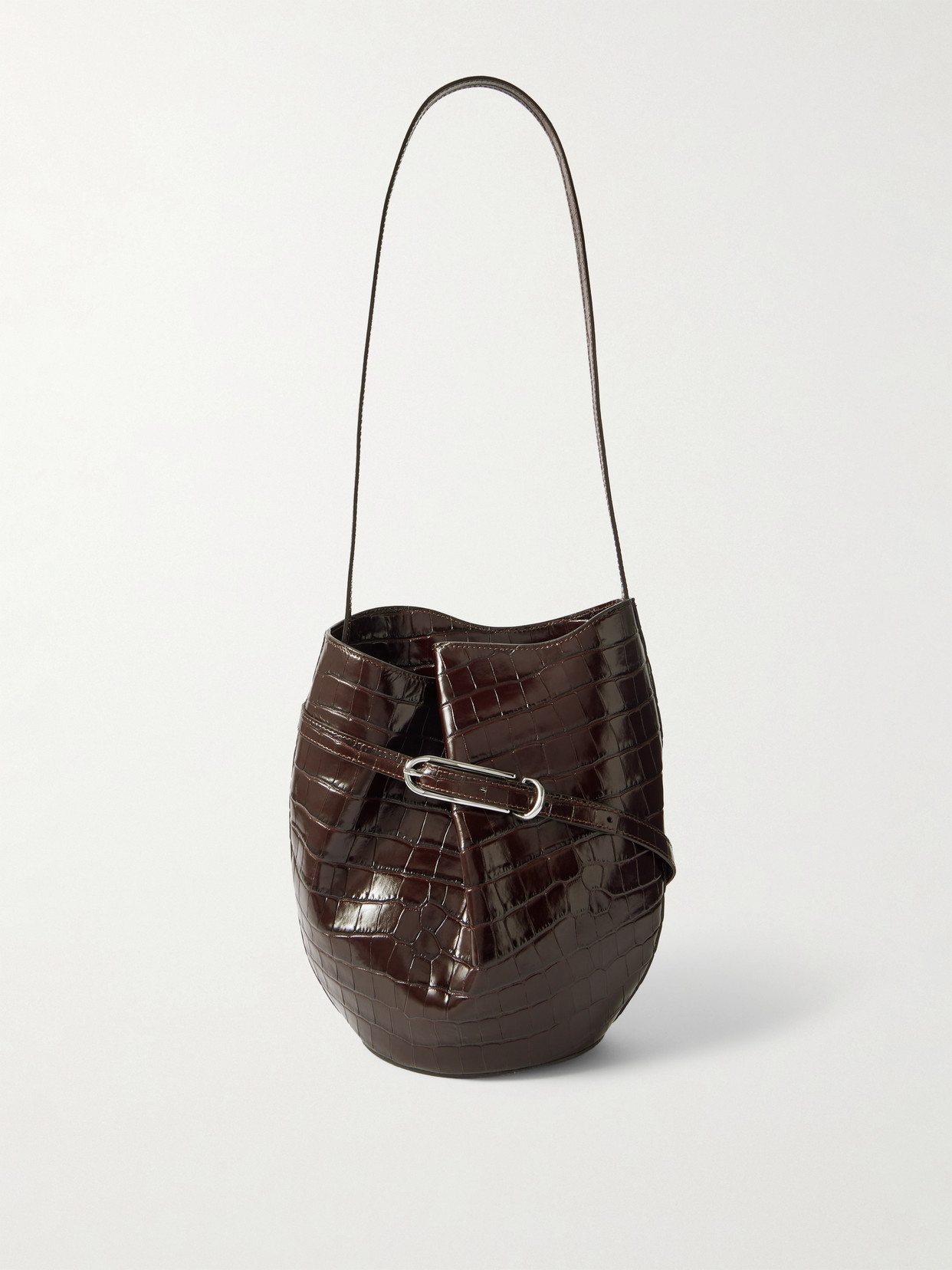 Liffner Buckled Croc-effect Glossed-leather Bucket Bag In Brown