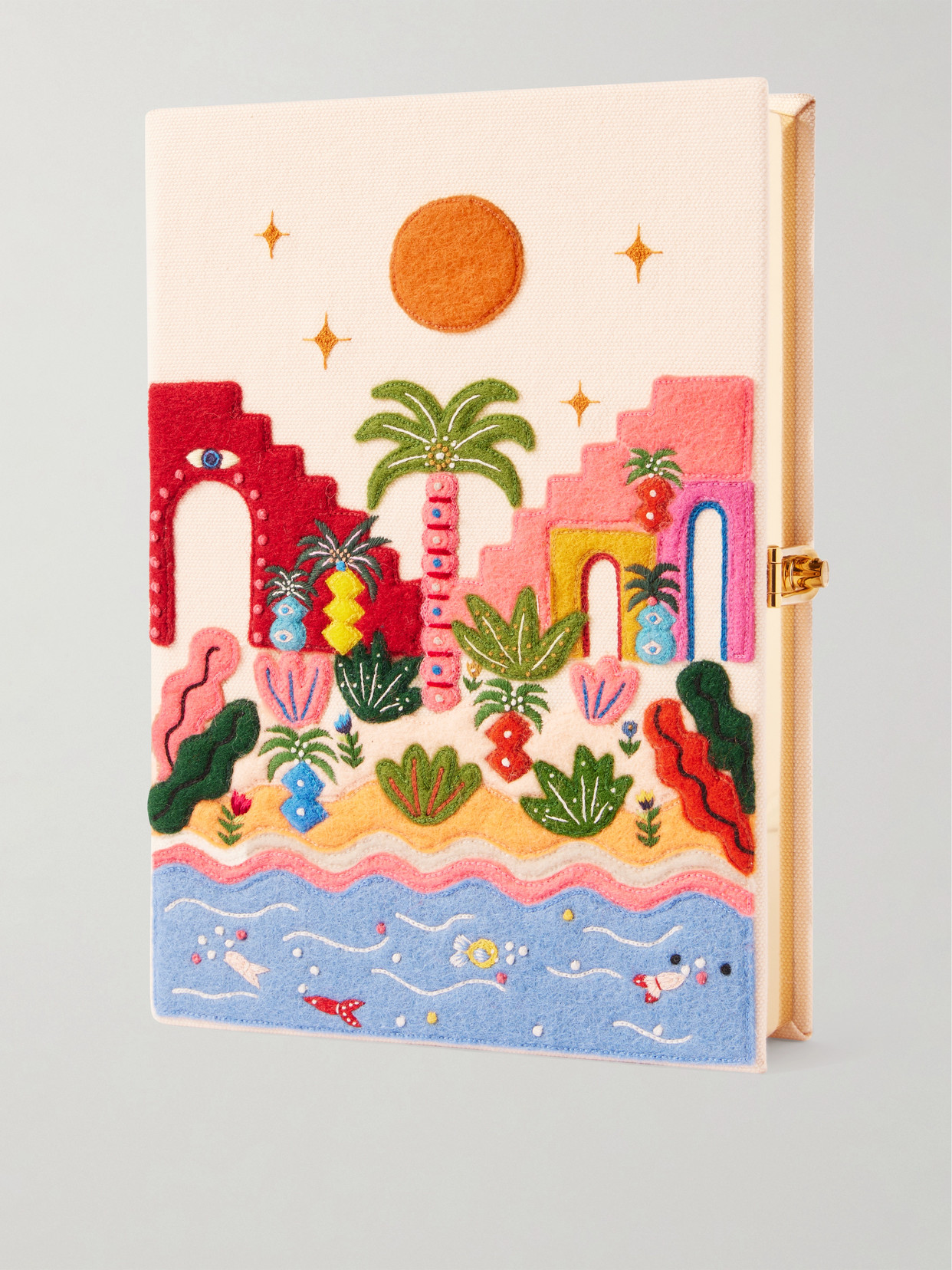 Olympia Le-tan Tropic Vibes Embroidered Appliquéd Cotton, Wool And Silk-blend Canvas Clutch In Pink