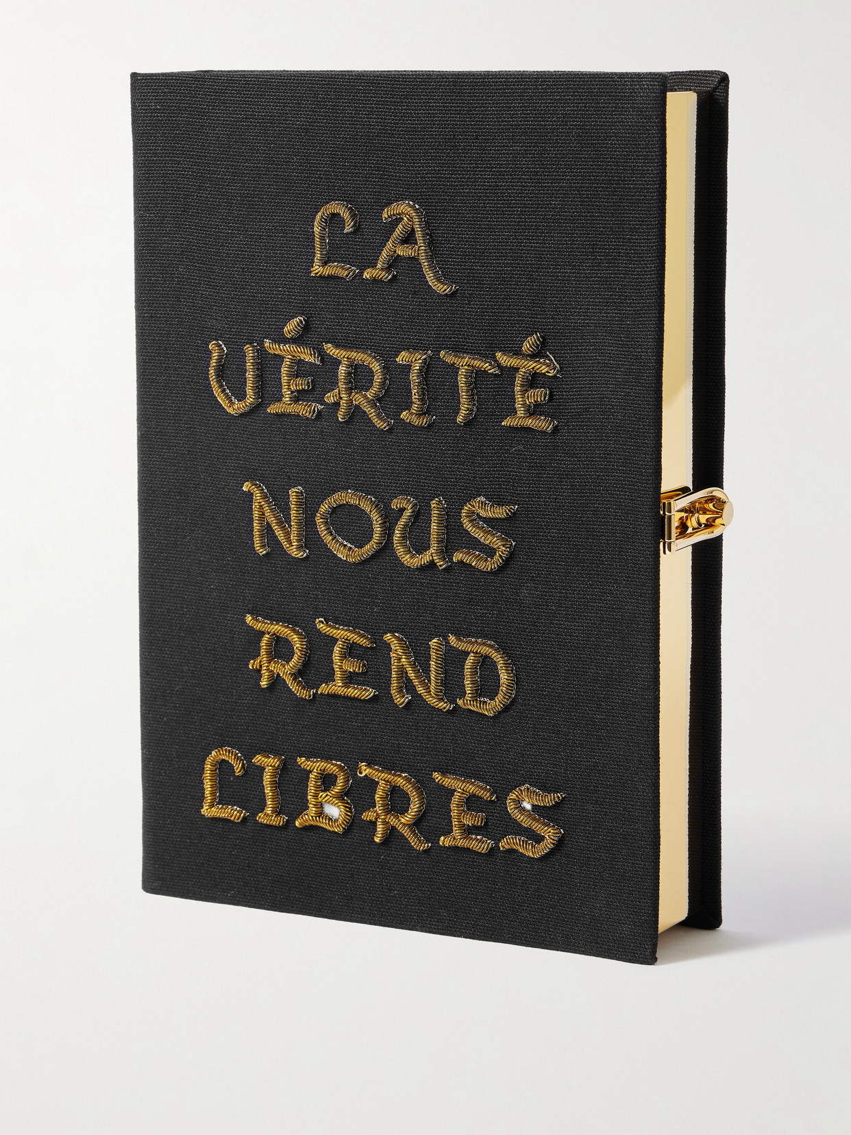 Olympia Le-tan La Vérité Nous Rend Libre Embroidered Canvas Clutch In Black
