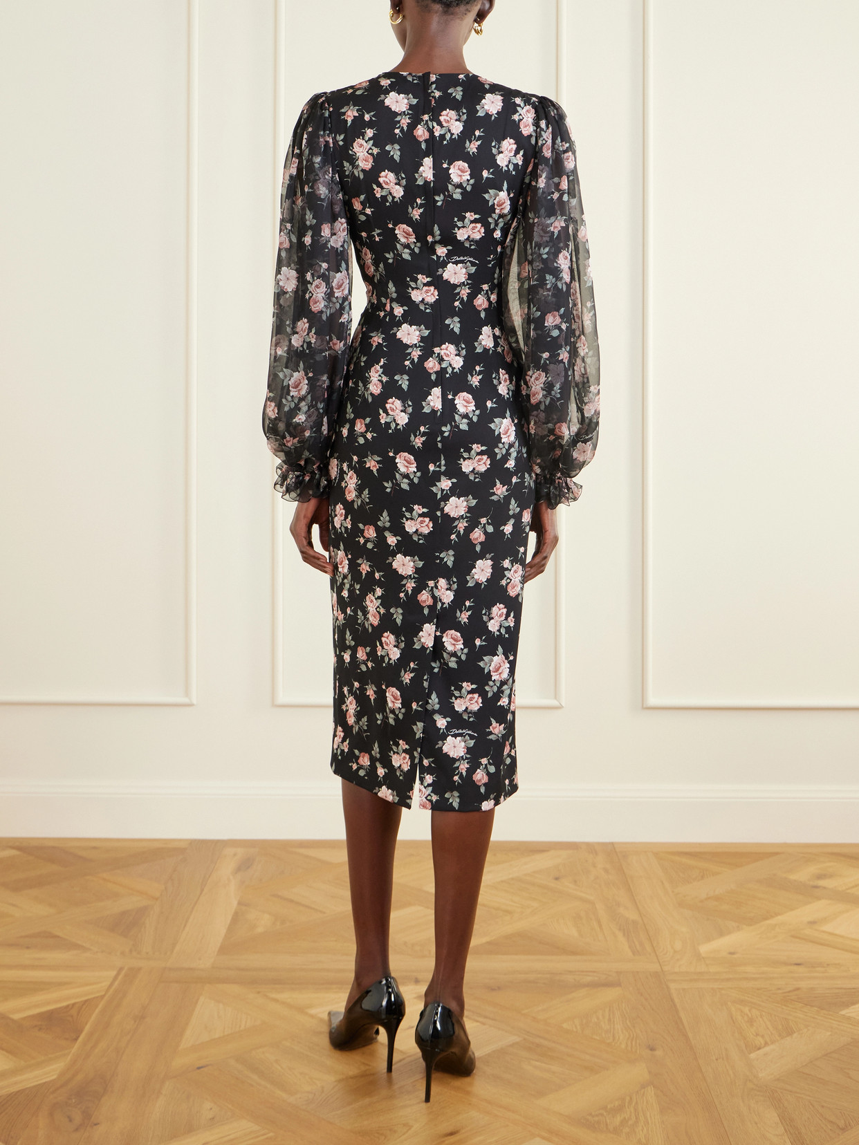 Dolce & Gabbana Women Black Dress With Round Neckline And All-over Floral Motif In Silk Blend Woman