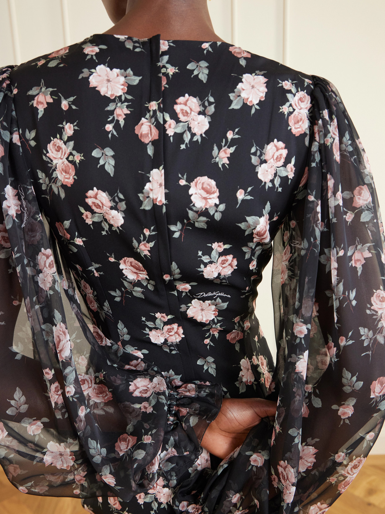 Dolce & Gabbana Women Black Dress With Round Neckline And All-over Floral Motif In Silk Blend Woman