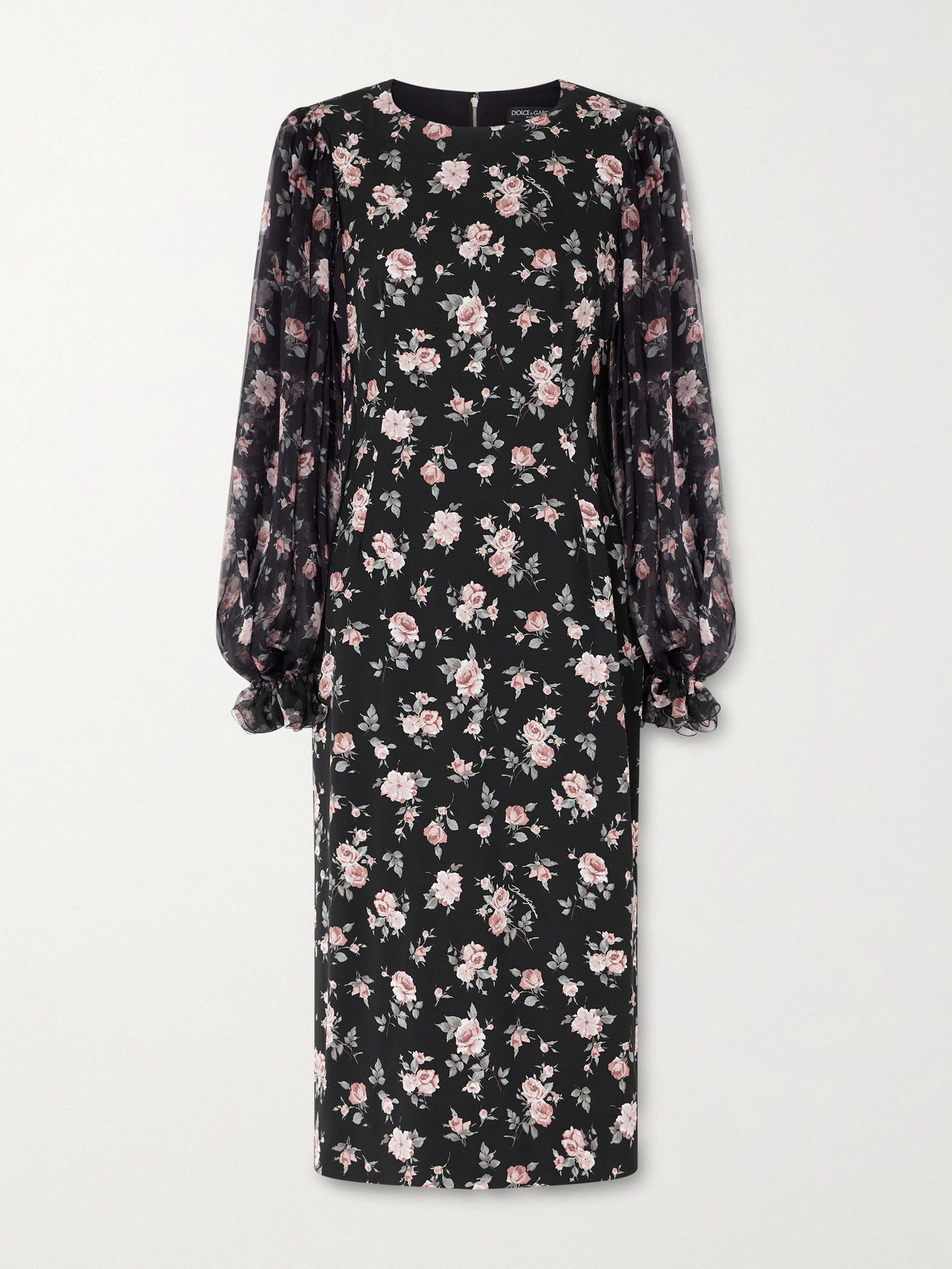 Dolce & Gabbana Women Black Dress With Round Neckline And All-over Floral Motif In Silk Blend Woman