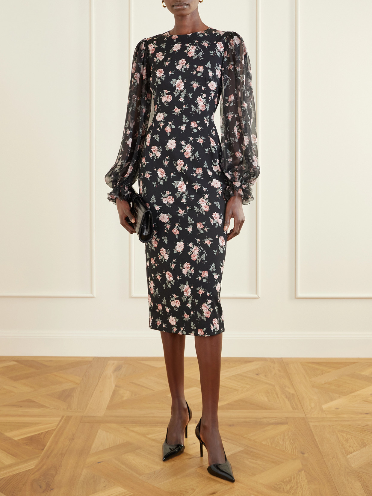 Dolce & Gabbana Women Black Dress With Round Neckline And All-over Floral Motif In Silk Blend Woman