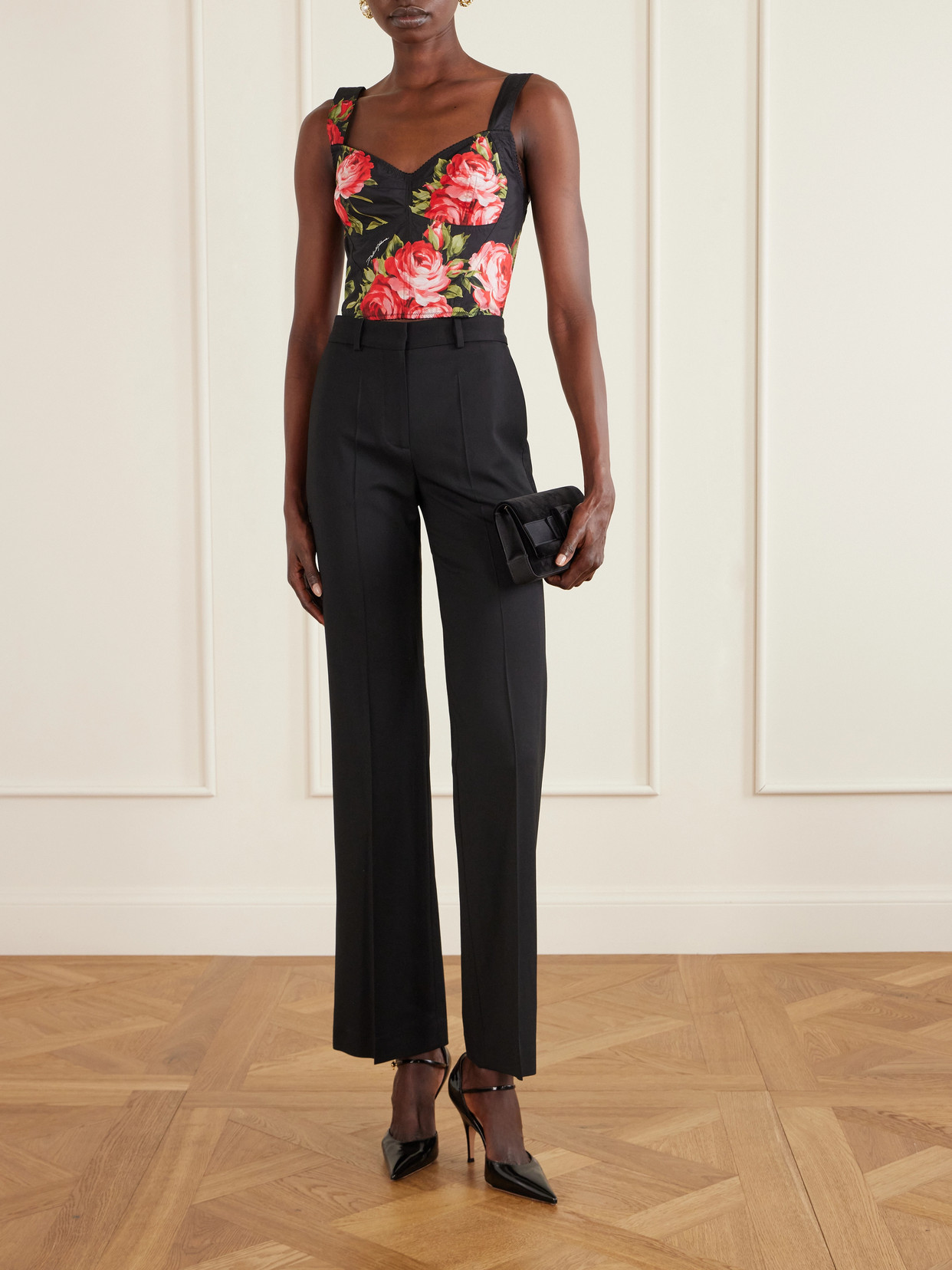 Dolce & Gabbana Top Nero In Seta Con Stampa Floreale Dolce E Gabbana In Black