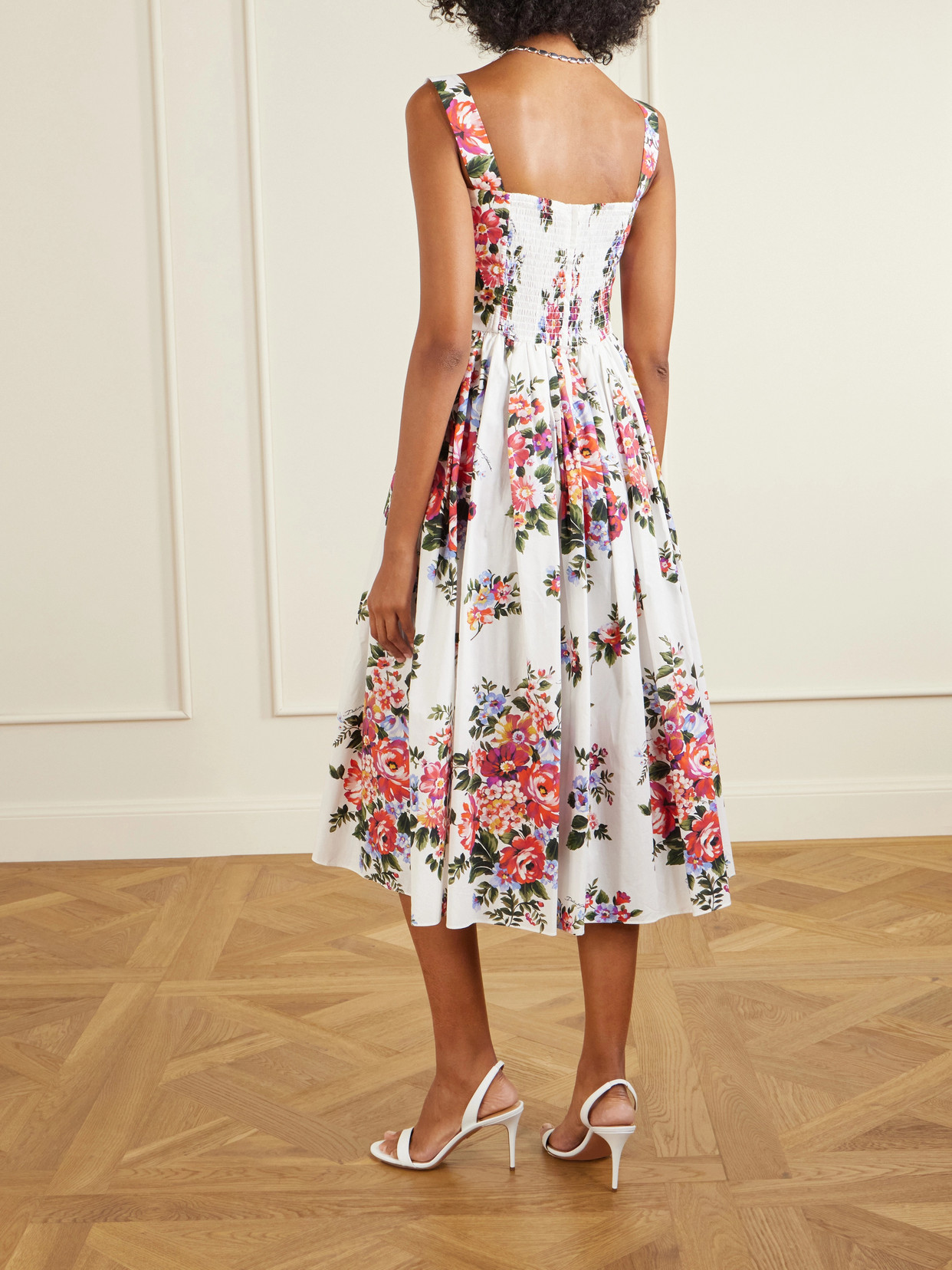 Dolce & Gabbana White Cotton Midi Dress With Floral Print Dolce E Gabbana In Multi