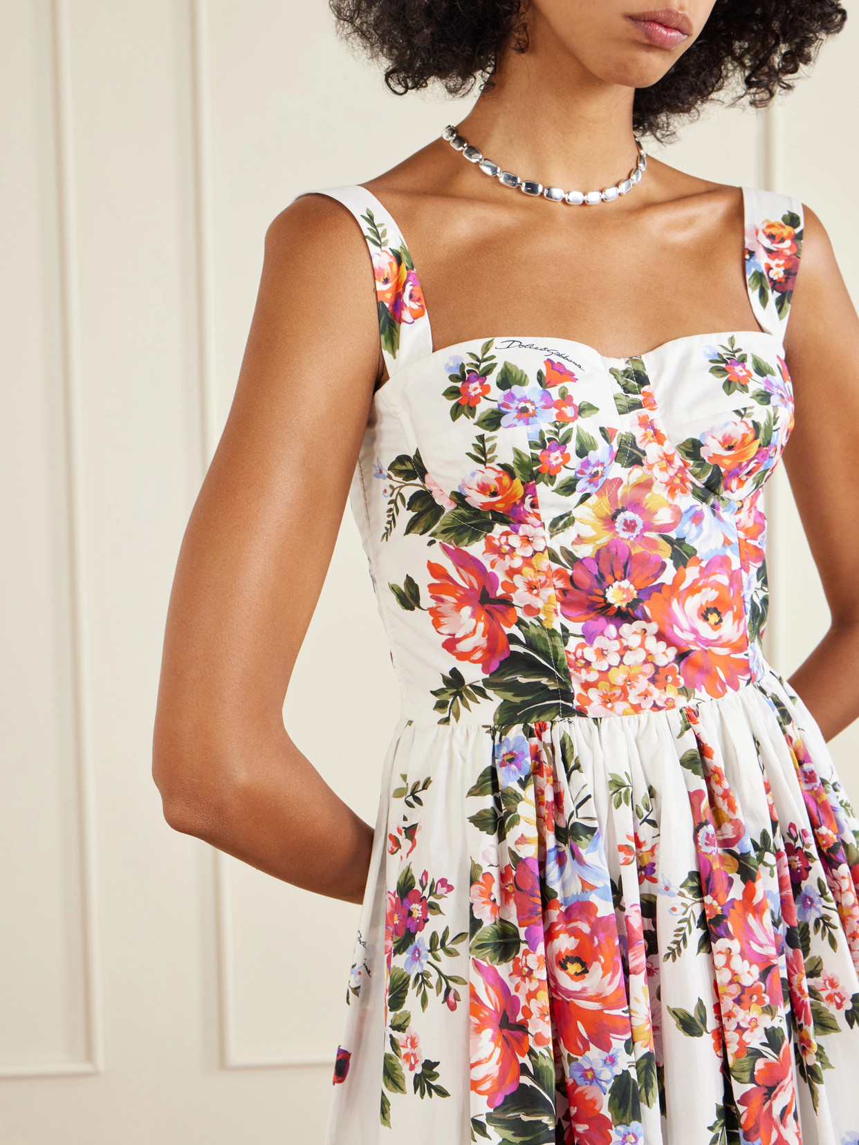 Dolce & Gabbana White Cotton Midi Dress With Floral Print Dolce E Gabbana In Multi