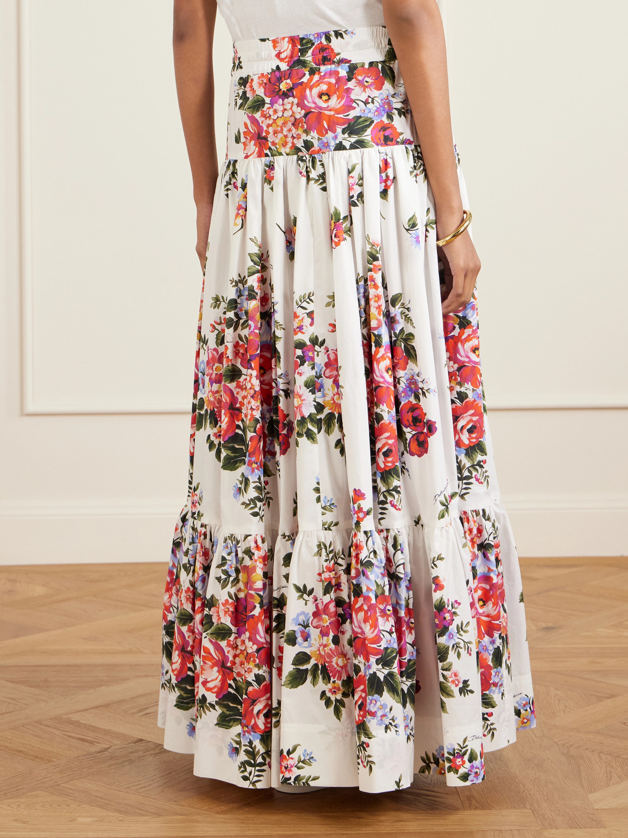 Dolce & Gabbana White Long Skirt With Floral Print And Elasticated Waistband In Cotton Woman