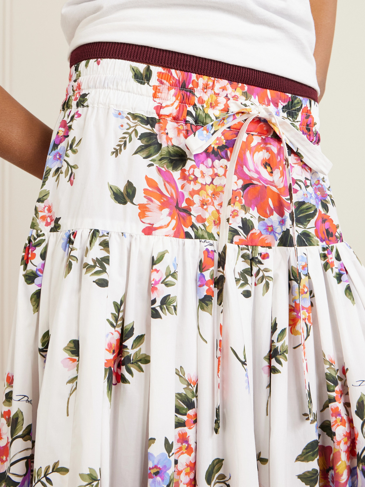 Dolce & Gabbana White Long Skirt With Floral Print And Elasticated Waistband In Cotton Woman