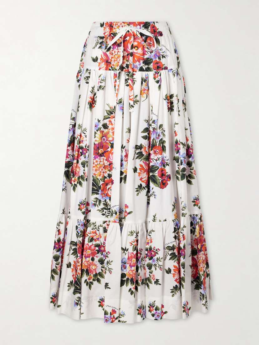 Dolce & Gabbana Pleated Tiered Floral-print Cotton-poplin Midi Skirt