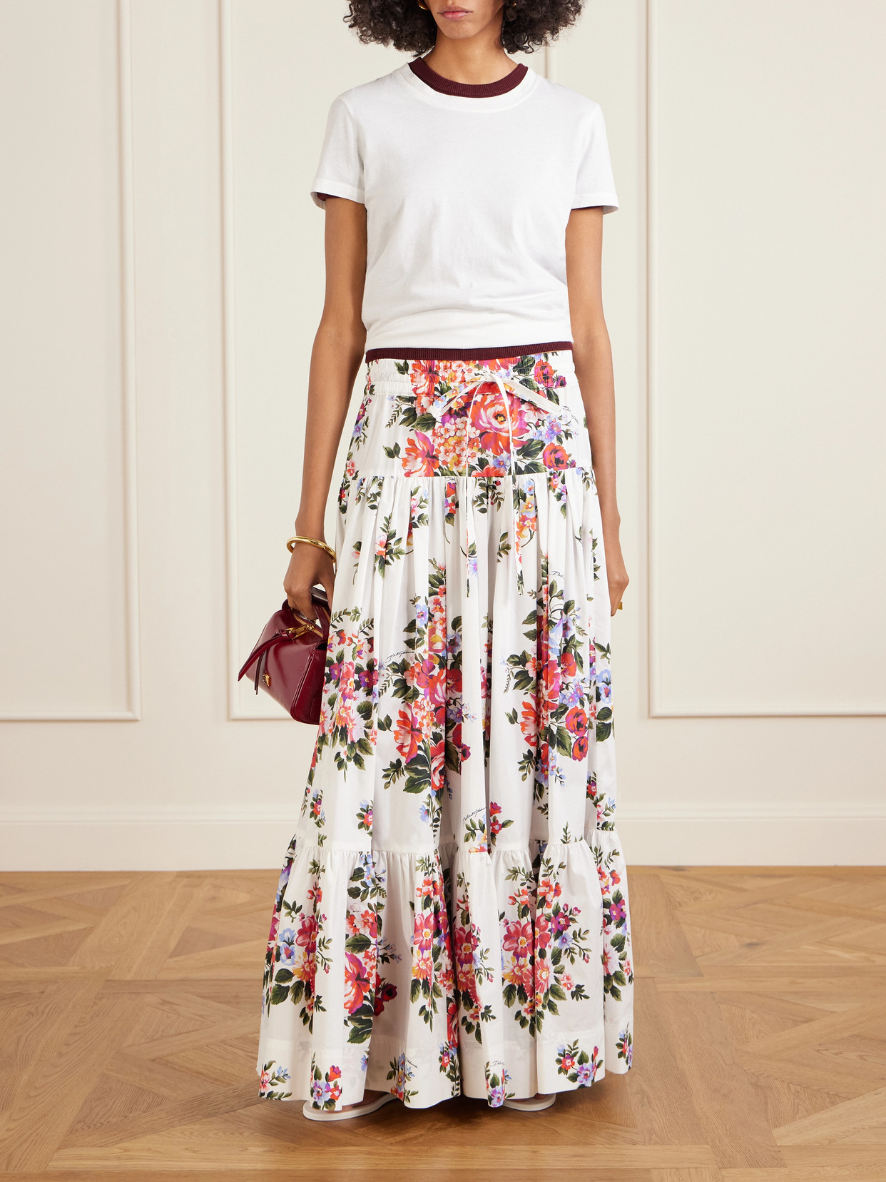 Dolce & Gabbana White Long Skirt With Floral Print And Elasticated Waistband In Cotton Woman