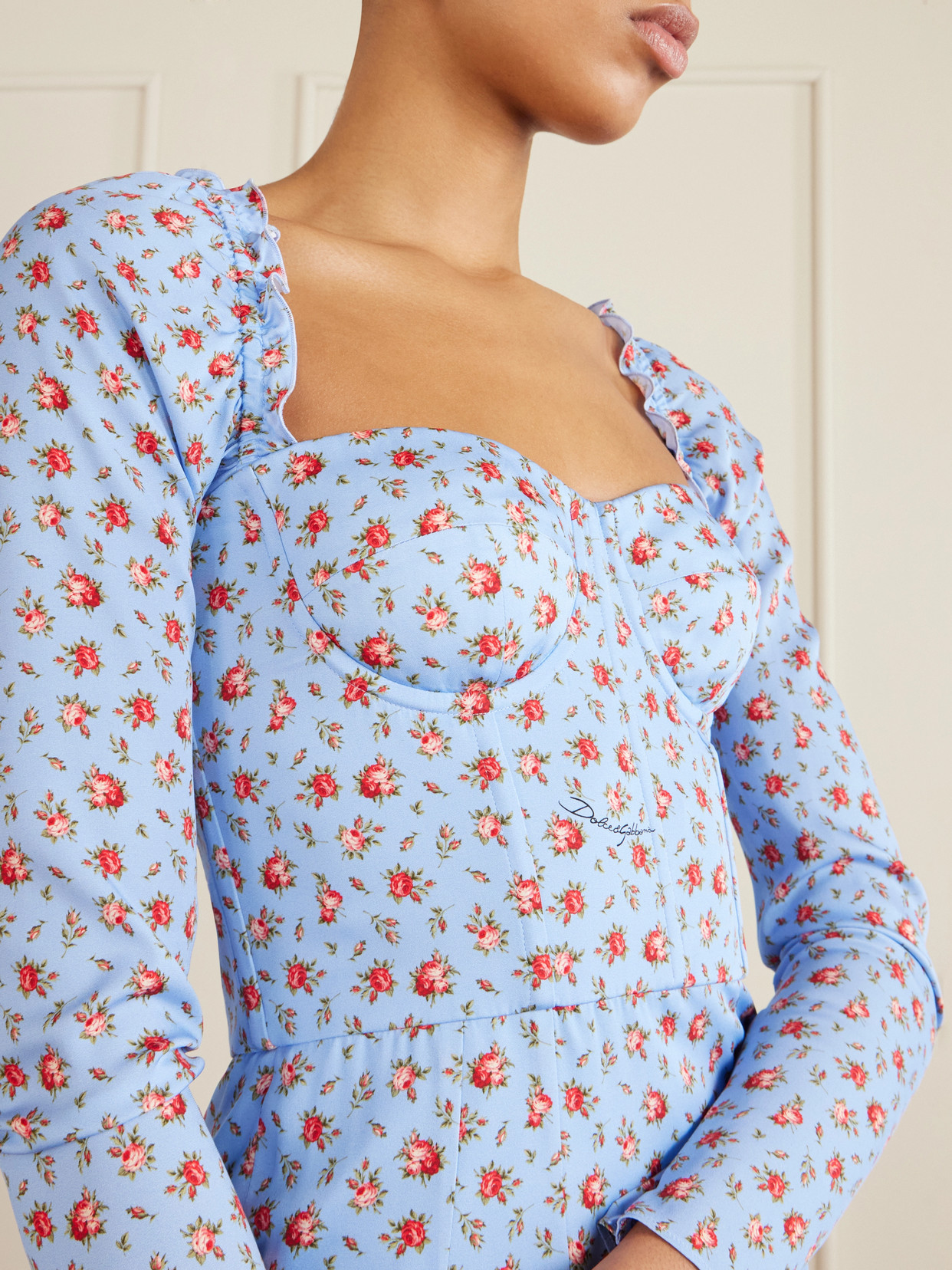 Dolce & Gabbana Small Rose-print Short Charmeuse Dress In Blue