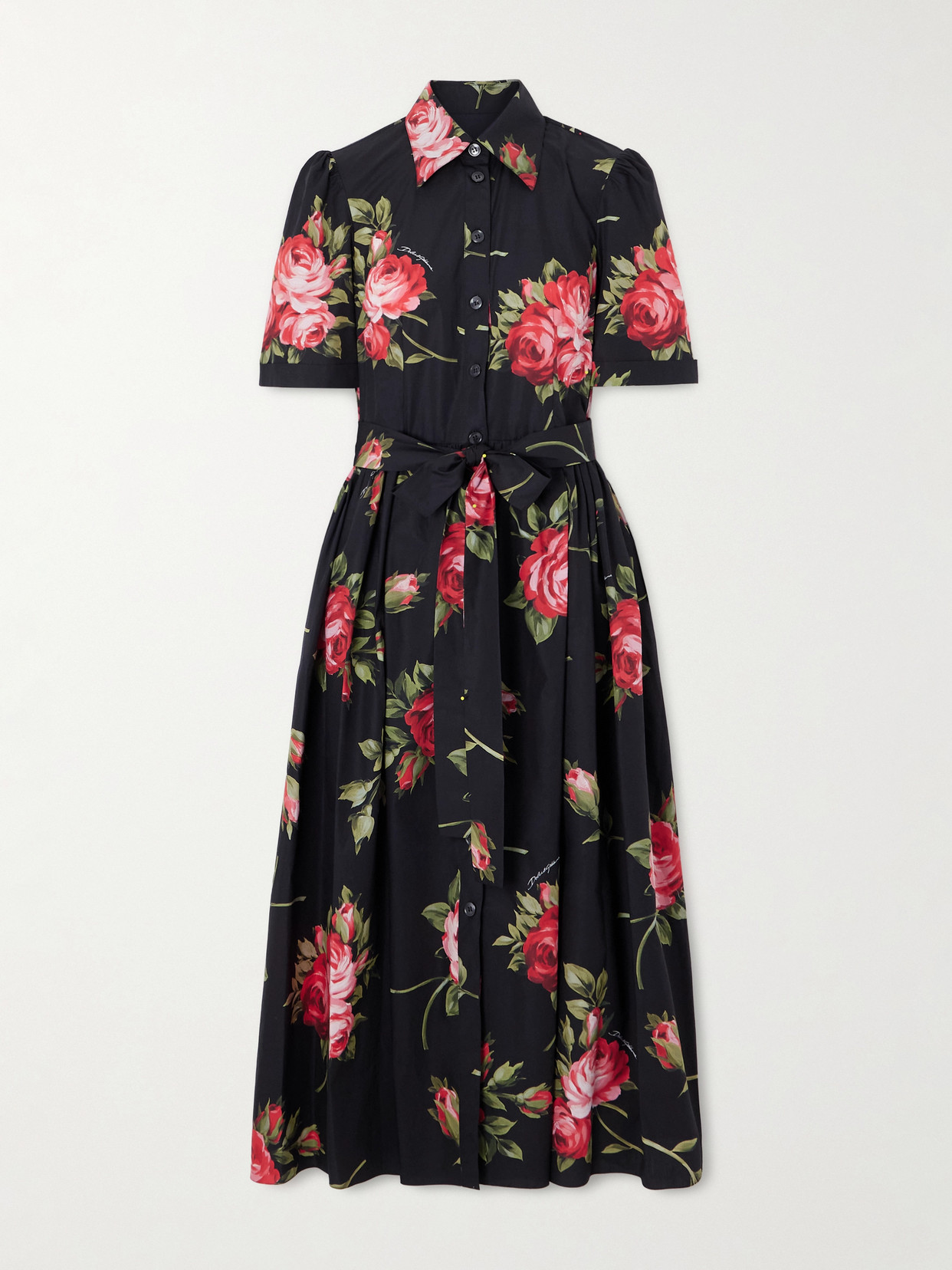 Dolce & Gabbana Belted Gathered Floral-print Cotton-poplin Midi Dress In Black