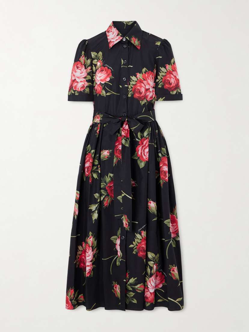 Dolce & Gabbana Belted Gathered Floral-print Cotton-poplin Midi Dress