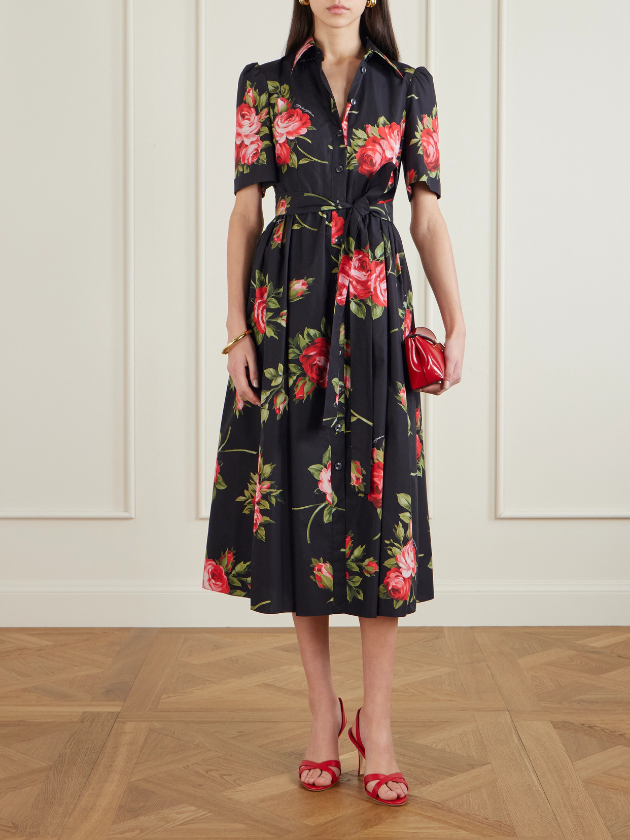 Dolce & Gabbana Belted Gathered Floral-print Cotton-poplin Midi Dress In Black