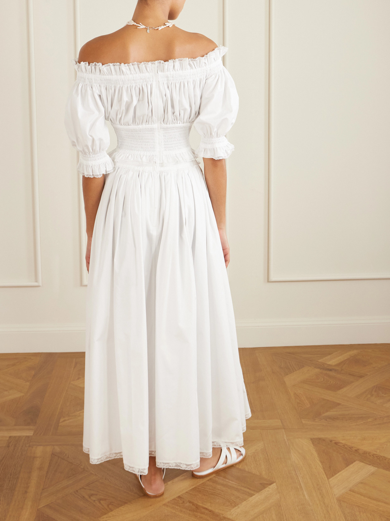 Off-The-Shoulder Lace-Trimmed Shirred Cotton-Blend Poplin Top