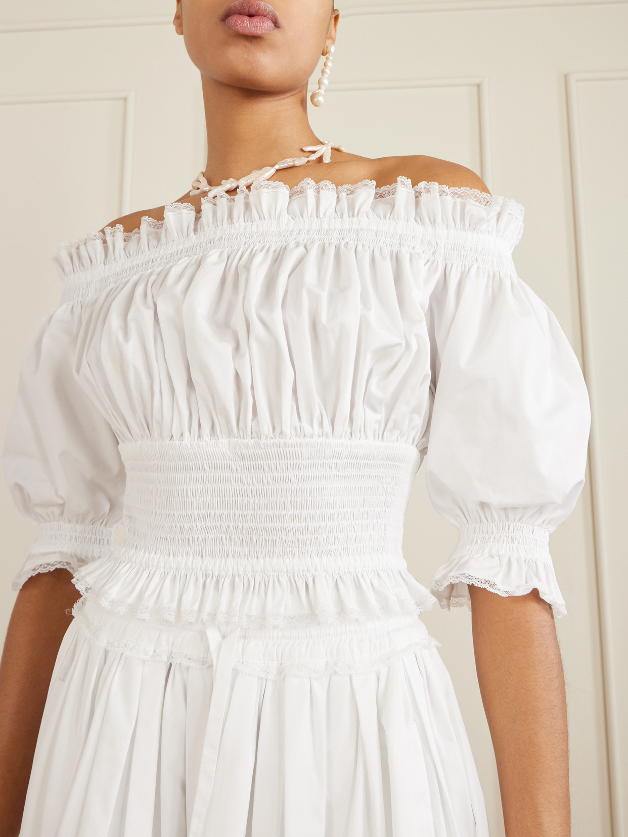 Off-The-Shoulder Lace-Trimmed Shirred Cotton-Blend Poplin Top