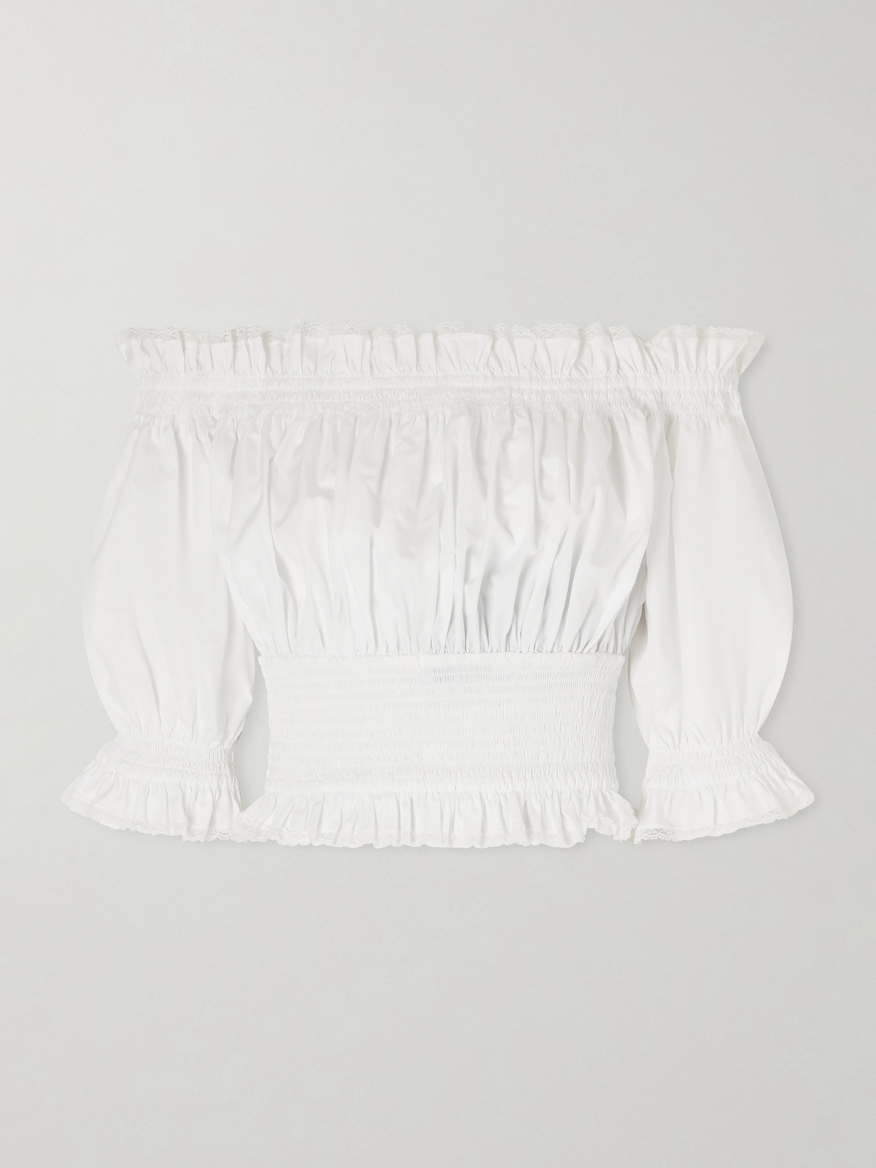 Off-The-Shoulder Lace-Trimmed Shirred Cotton-Blend Poplin Top