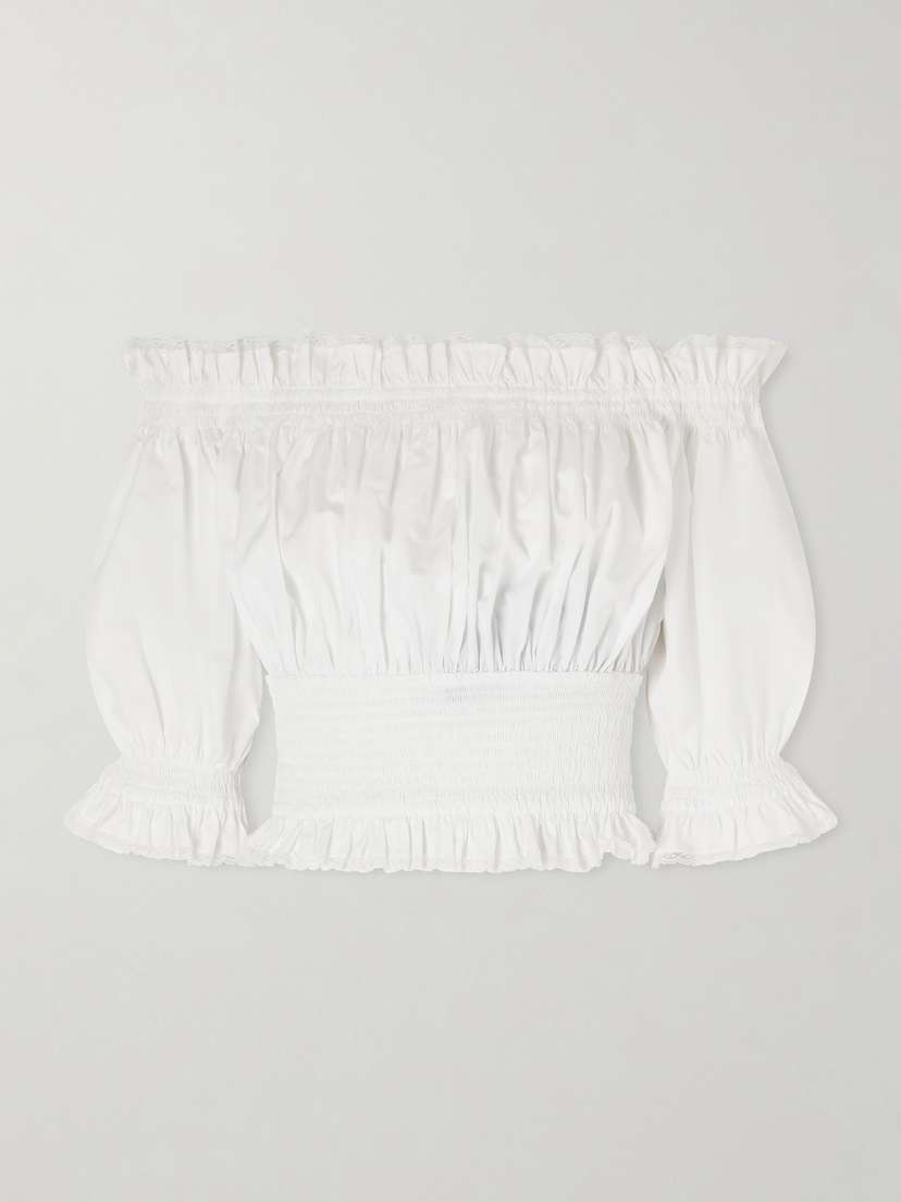 Dolce & Gabbana Off-the-shoulder Lace-trimmed Shirred Cotton-blend Poplin Top