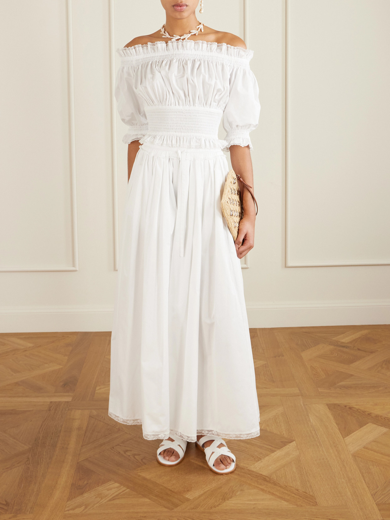 Off-The-Shoulder Lace-Trimmed Shirred Cotton-Blend Poplin Top