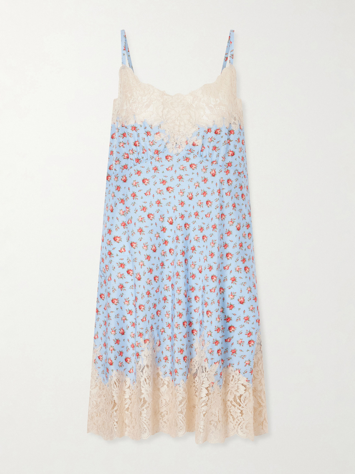 Dolce & Gabbana Floral-print Lace-trimmed Silk-blend Mini Dress In Blue
