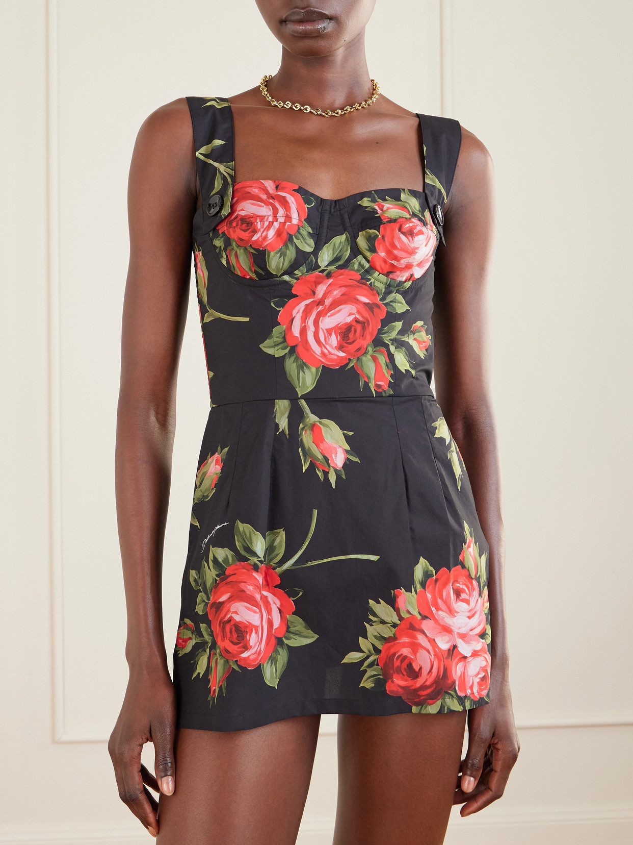 Dolce & Gabbana Floral-print Cotton Bustier Mini Dress In Black