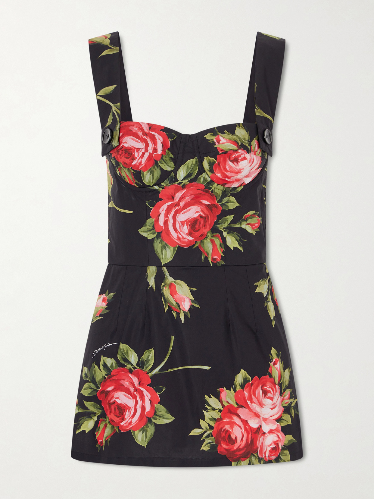 Dolce & Gabbana Floral-print Cotton Bustier Mini Dress In Black