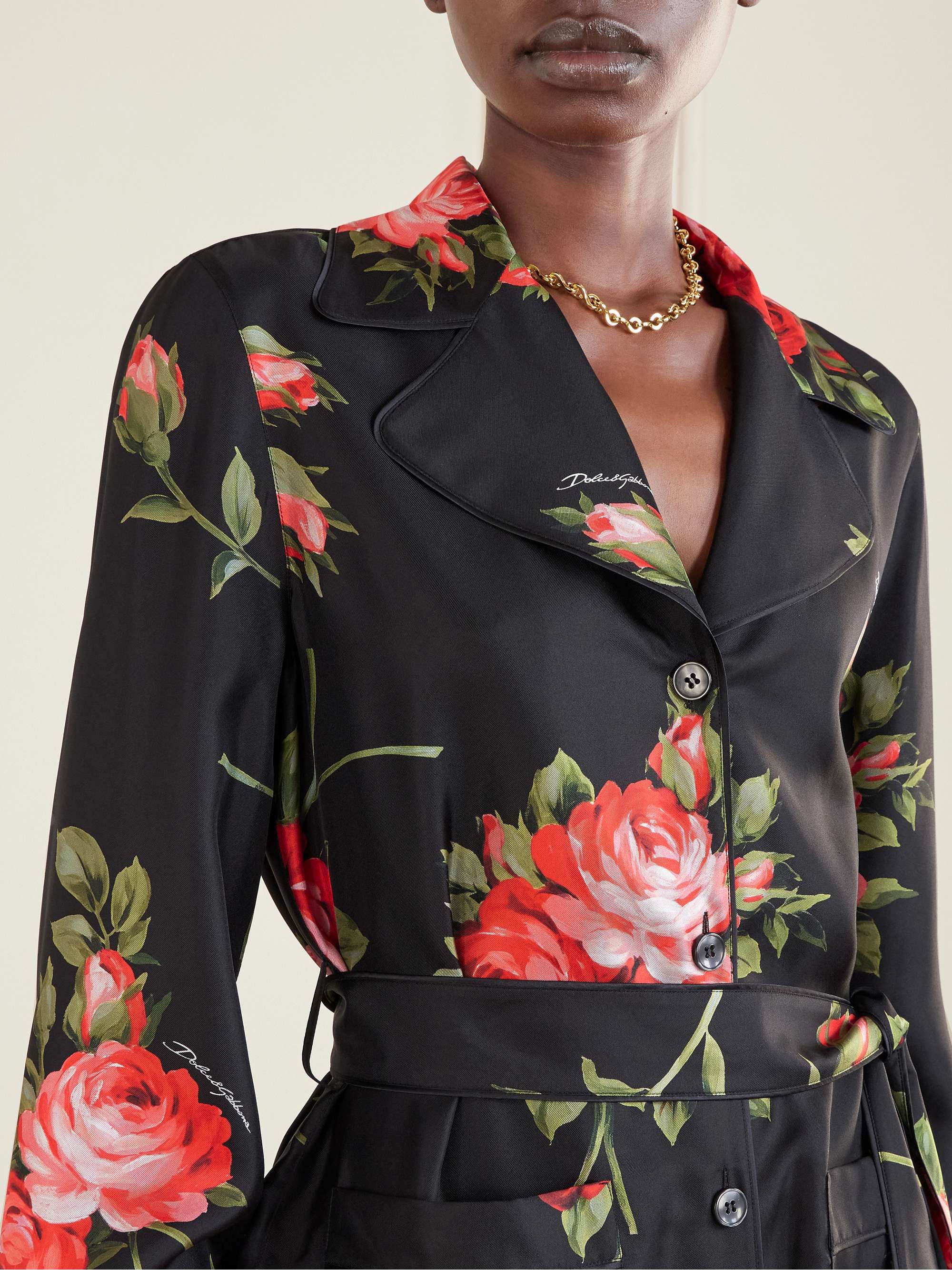 DOLCE&GABBANA カットソー トップス シルク 豪華 薔薇柄 36 DOLCE&GABBANA Belted floral-print silk-twill shirt | NET-A-PORTER