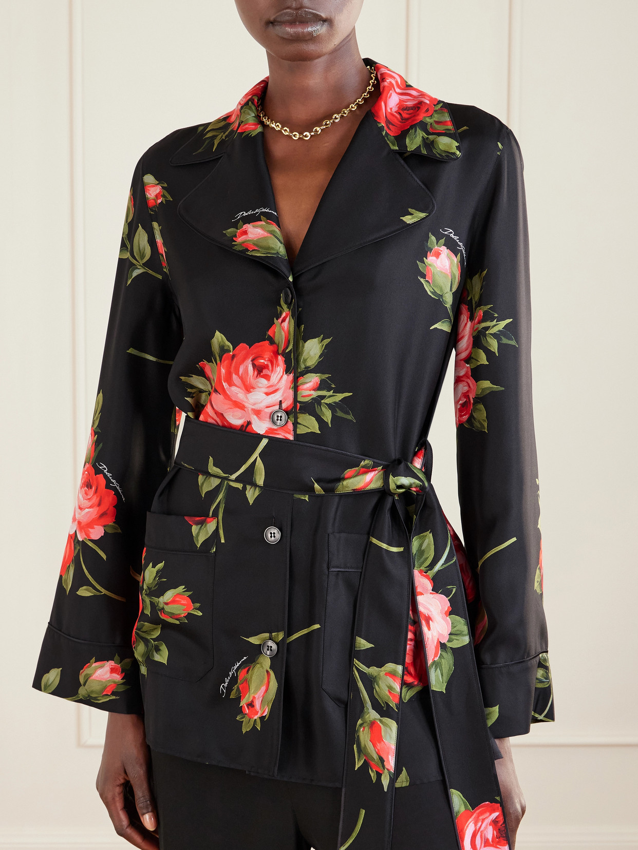 Belted Floral-Print Silk-Twill Shirt