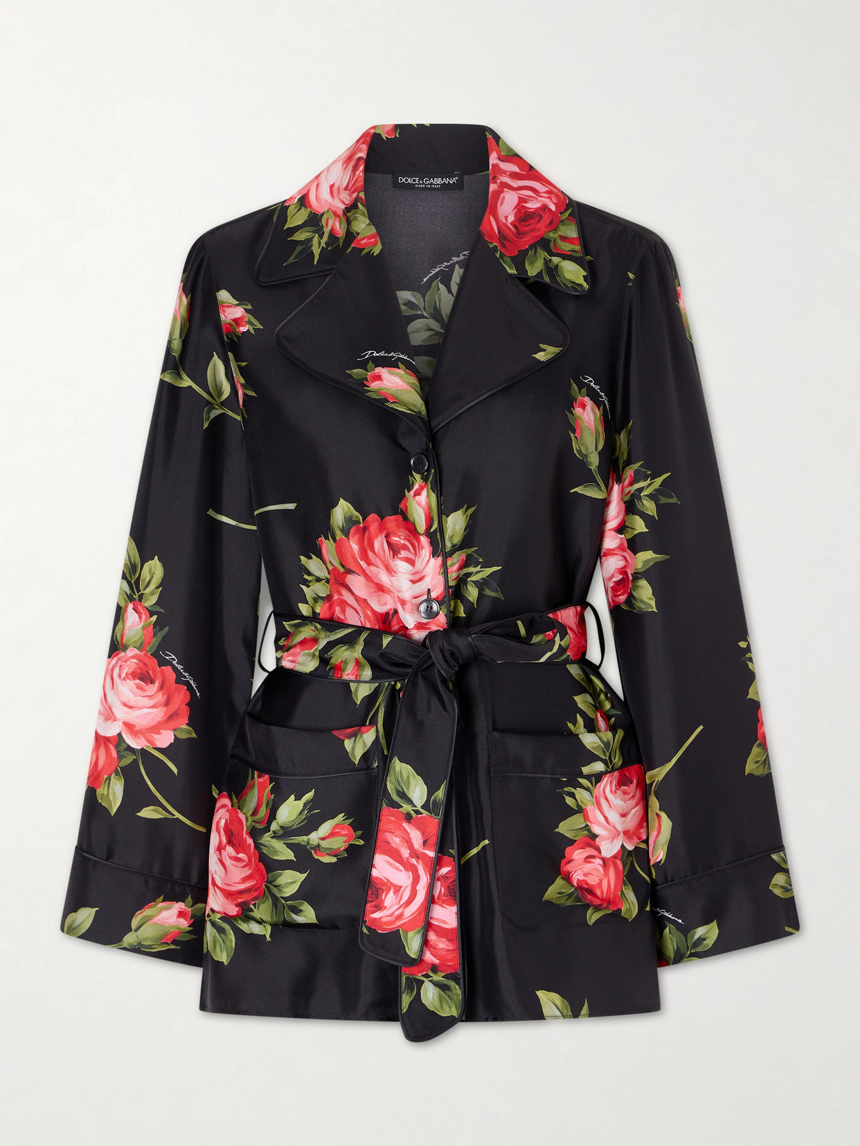 Dolce & Gabbana Belted Floral-print Silk-twill Shirt In Black